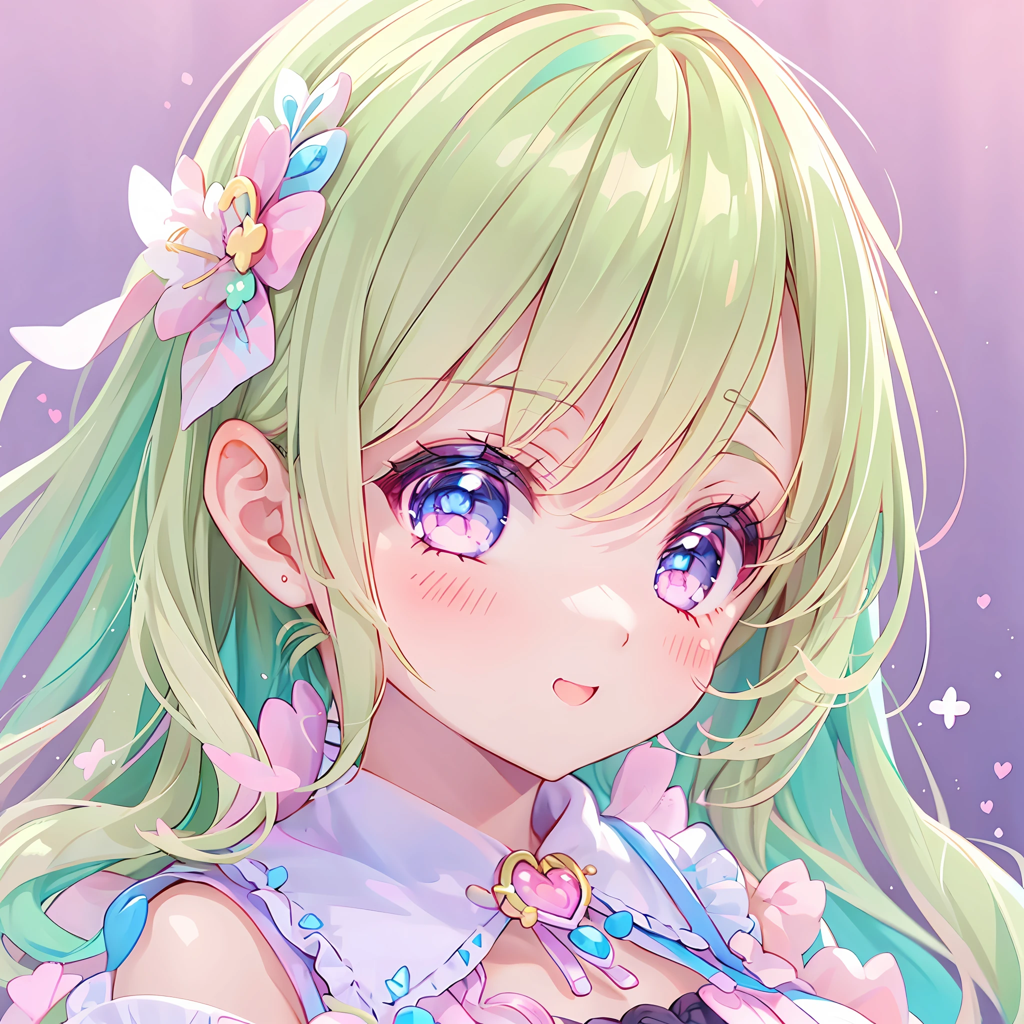 (1girl), idol, closeup, eyes, kawaiitech, kawaii, cute, pastel colors, best quality, happy, deep background