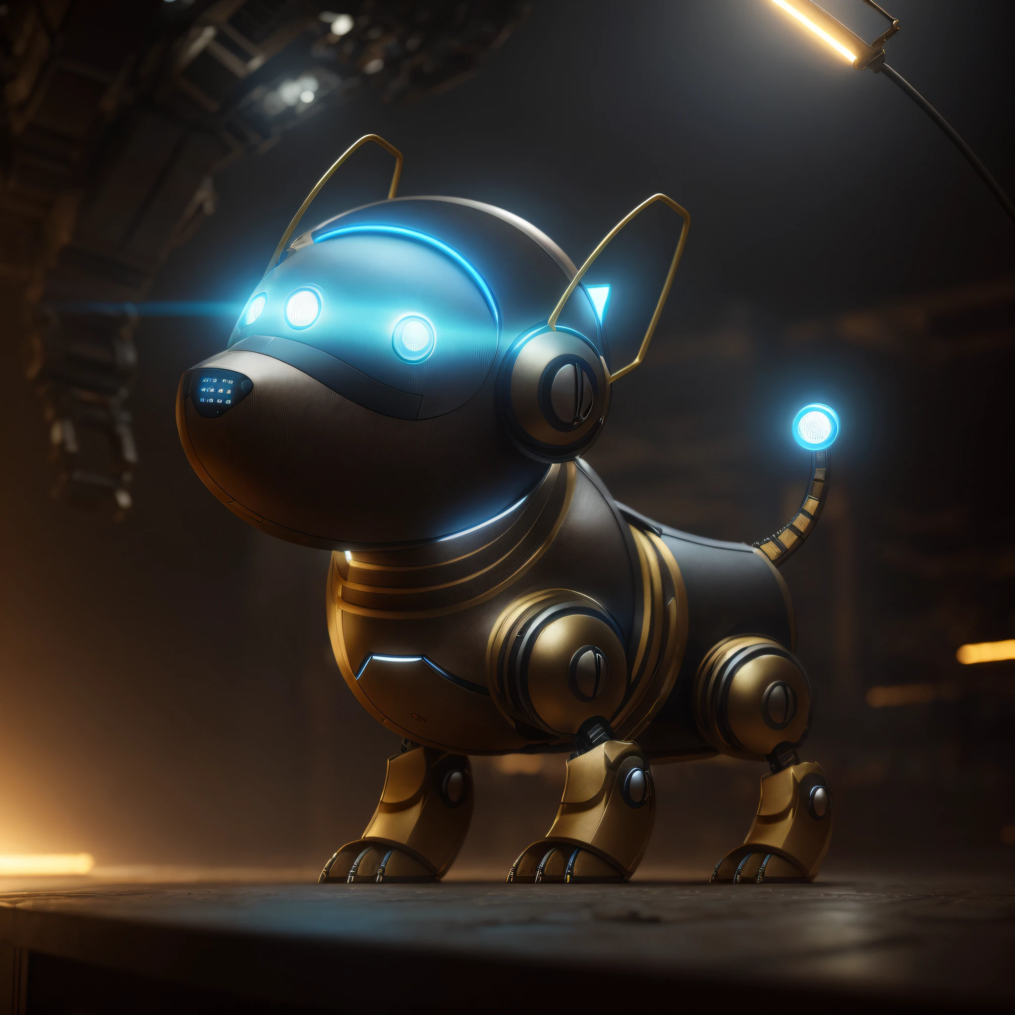 3Drenderingof,.CGI, 对称, rendering by octane, complexdetails, hdr, complexdetails, ultra - detailed, ultra-realistic realism, Sharp, Close-up of mechanical dog,blueglow, movie atmosphere,Costume de mecha,droid,