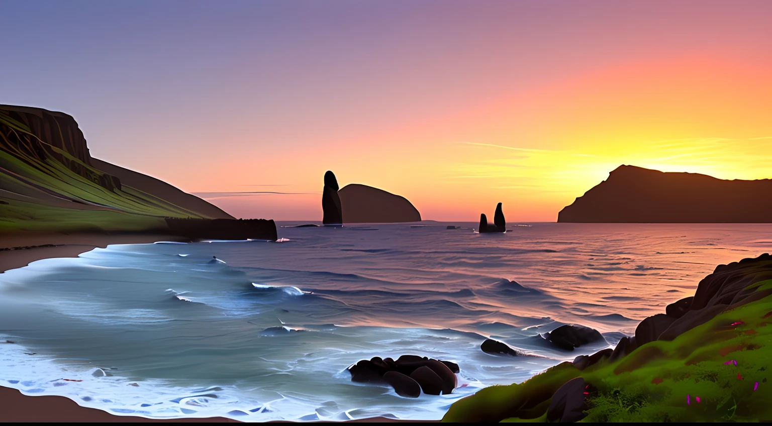 a stunning sunset vista landscape photography, Masterpiece, trending on CGSociety, 4K, 8K, k hd, [art  stations:1], concept-art, Highly detailed, Sharp focus, [Subsurface scattering:1], Magnificent scenery on Easter Island，Nice coastline