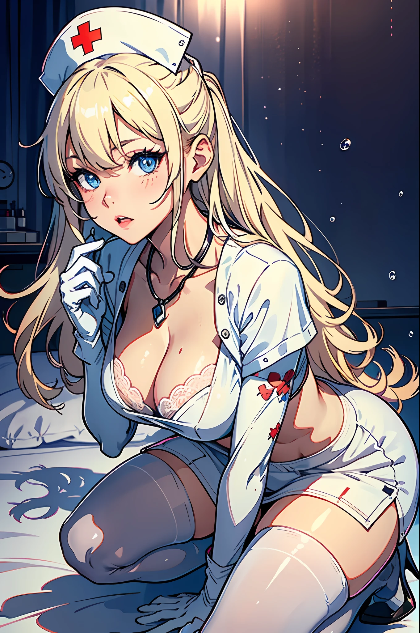 1girl in, (Solo:1.2), (Beautiful and detailed eyes description), (beautiful and detailed face), Perfect female body, neat figure, Slender waist, (Young Girl), (20 years old), Long hair, Platinum Blonde Hair, Two-side-up,Very big eyes, Blue eyes, medium breasts, blush, Shy, watery lips, Nurse, (nurse dress), Nurse Cap, Unbuttoned,Stunning lace and white underwear, (White Gloves:1.2), (White pantyhose), high-heels, a necklace, Hospital bed, White curtains, Sunlight, hand between legs, Straddle the camera, Squatting, (Best Quality), (ultra-detailliert), (masuter piece), (hight resolution), (Original), (the Extremely Detailed CG Unity 8K Wallpapers), Character Design, Game CG, Detailed Manga Illustration