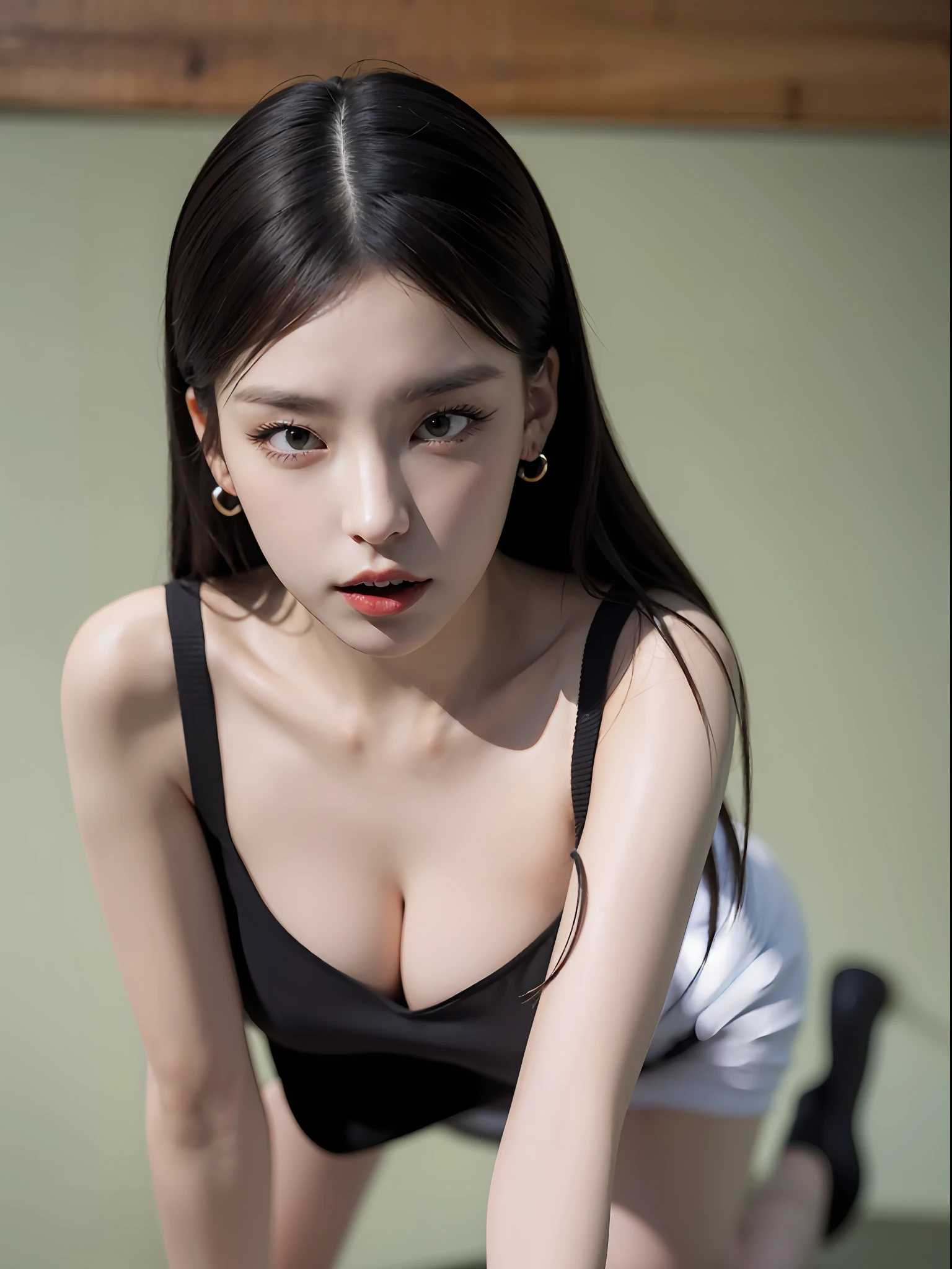 (ultra-realistic rendering, best quality), ((Top Quality, 16k, Masterpiece: 1.3)), (Beauty, 1 Girl), POV (Kneeling), (Ultra Detailed Face, Highly Detailed Lips, Detailed Eyes, Double Eyelids), sexy casual outfit, cleavage, aroused, (woman:1.3,kneeling on the ground:1.1,looking up, mouth open),