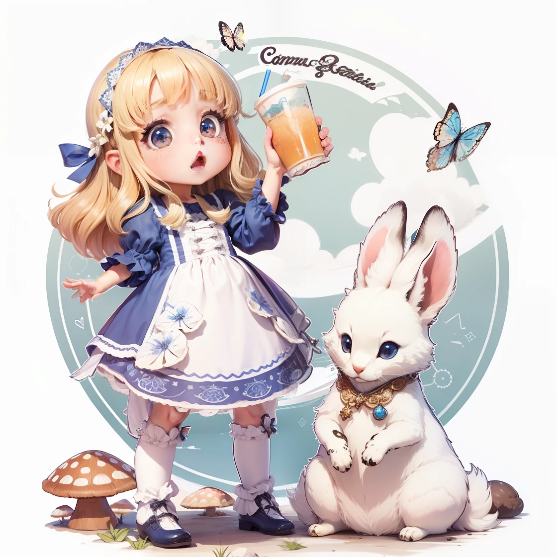 alta mega qualidade, detalhes insanos, alta resolução, Detail resolution, 8k, obra-prima, 8k, Menina fofa, anime, cabelos longo cacheado, olhos azuis, vestido azul com renda branca, menina segurando uma garrafa com liquido, etiqueta da garrafa escrito: drink me, animal coelho branco, animal Coelho branco macio e fofo, animal coelho branco de colete, floor with mushrooms, worm mushrooms on the ground, fofo, anime, highes definition, cores intensas, segurando um coelho branco fofo, vestido azul, sapato fofo, small and cute foot, highes definition, realce nos detalhess --auto