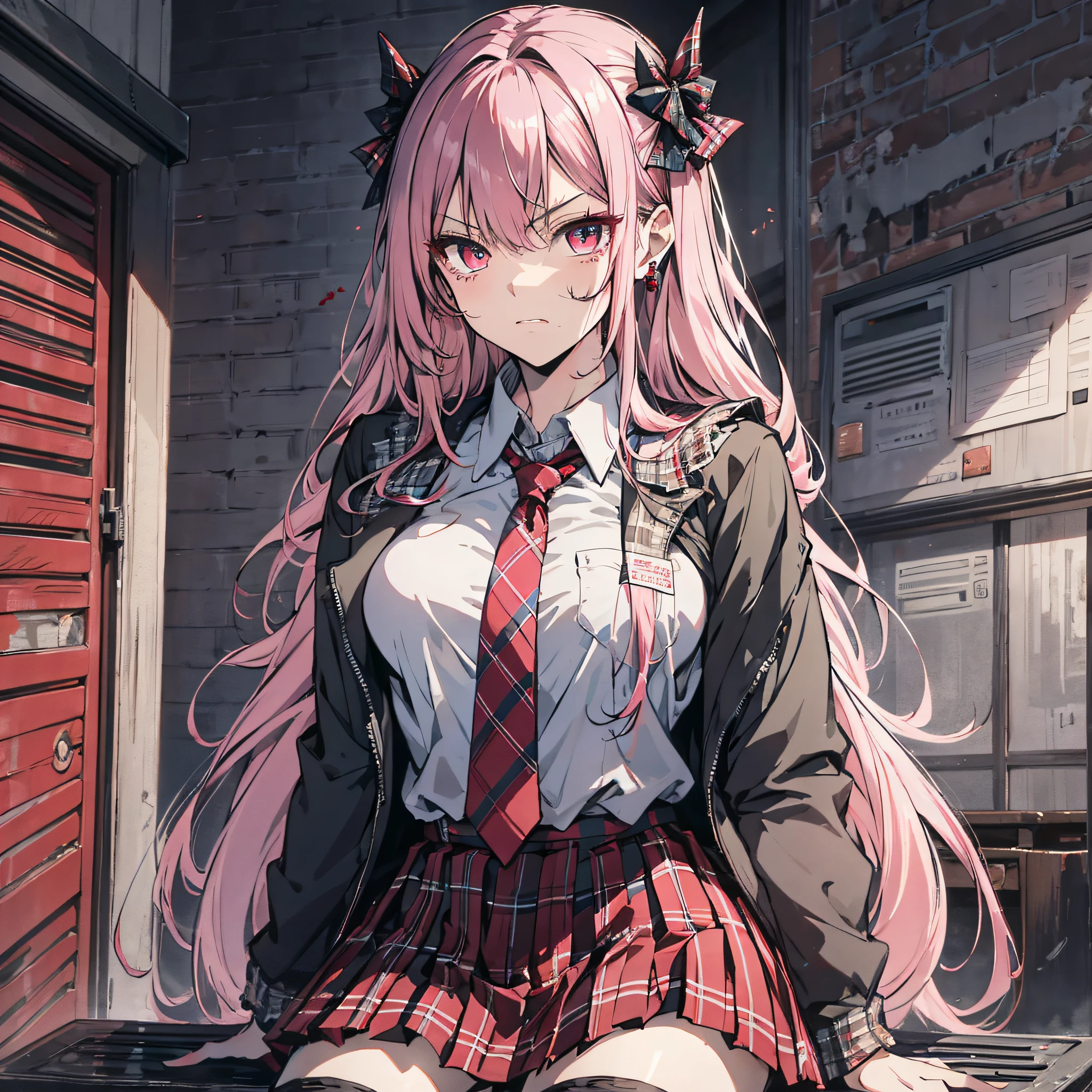 Ridiculous resolution,A high resolution,(tmasterpiece:1.4),Hyper-detailing,Pink Long Hair, 1girll, dual horsetail, Solo, red color eyes, Angry, white necktie, Pleated plaid red skirt, Look at the phone,school uniform, Zombie role-playing,sobu,Zombie Doom,Zombie outbreak