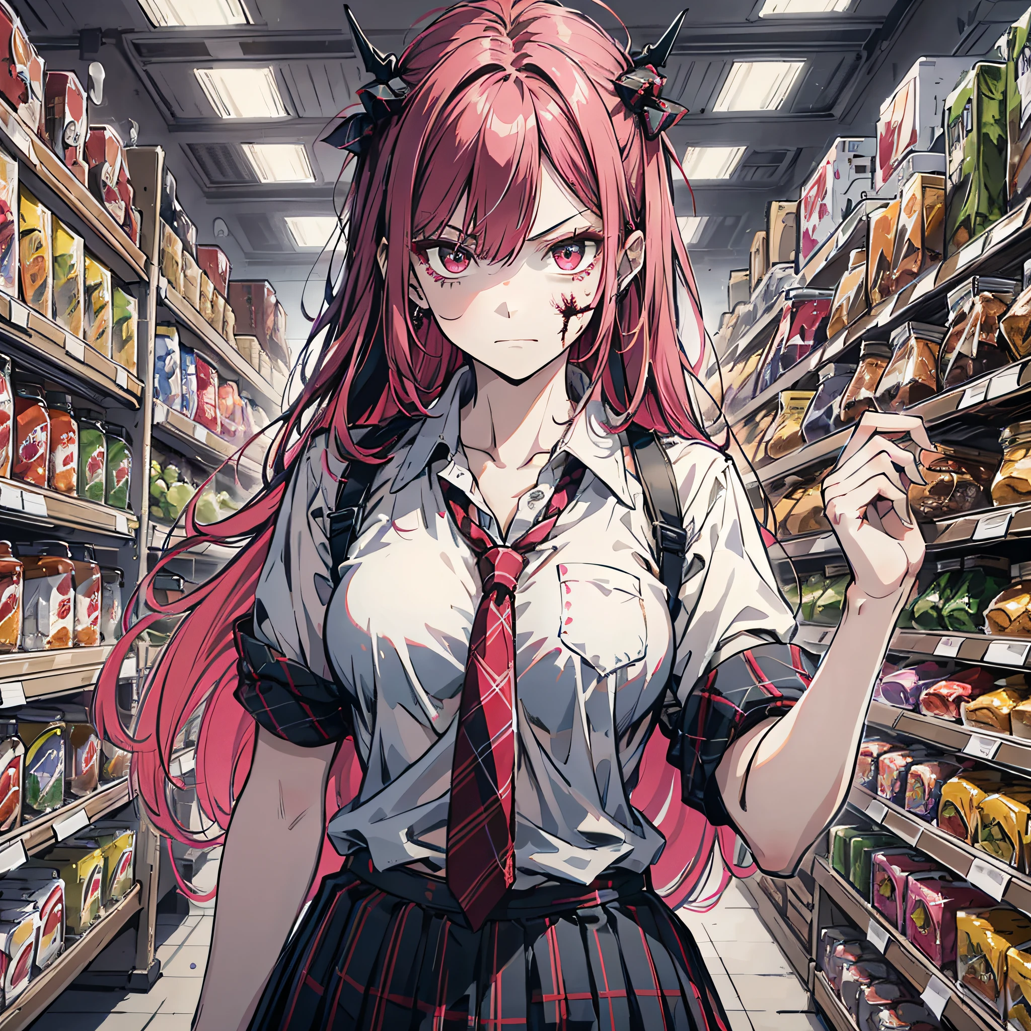 Ridiculous resolution,A high resolution,(tmasterpiece:1.4),Hyper-detailing,Pink Long Hair, 1girll, dual horsetail, Solo, red color eyes, Angry, white necktie, Pleated plaid red skirt, school uniform, Zombie role-playing,supermarket,Zombie Doom,Zombie outbreak
