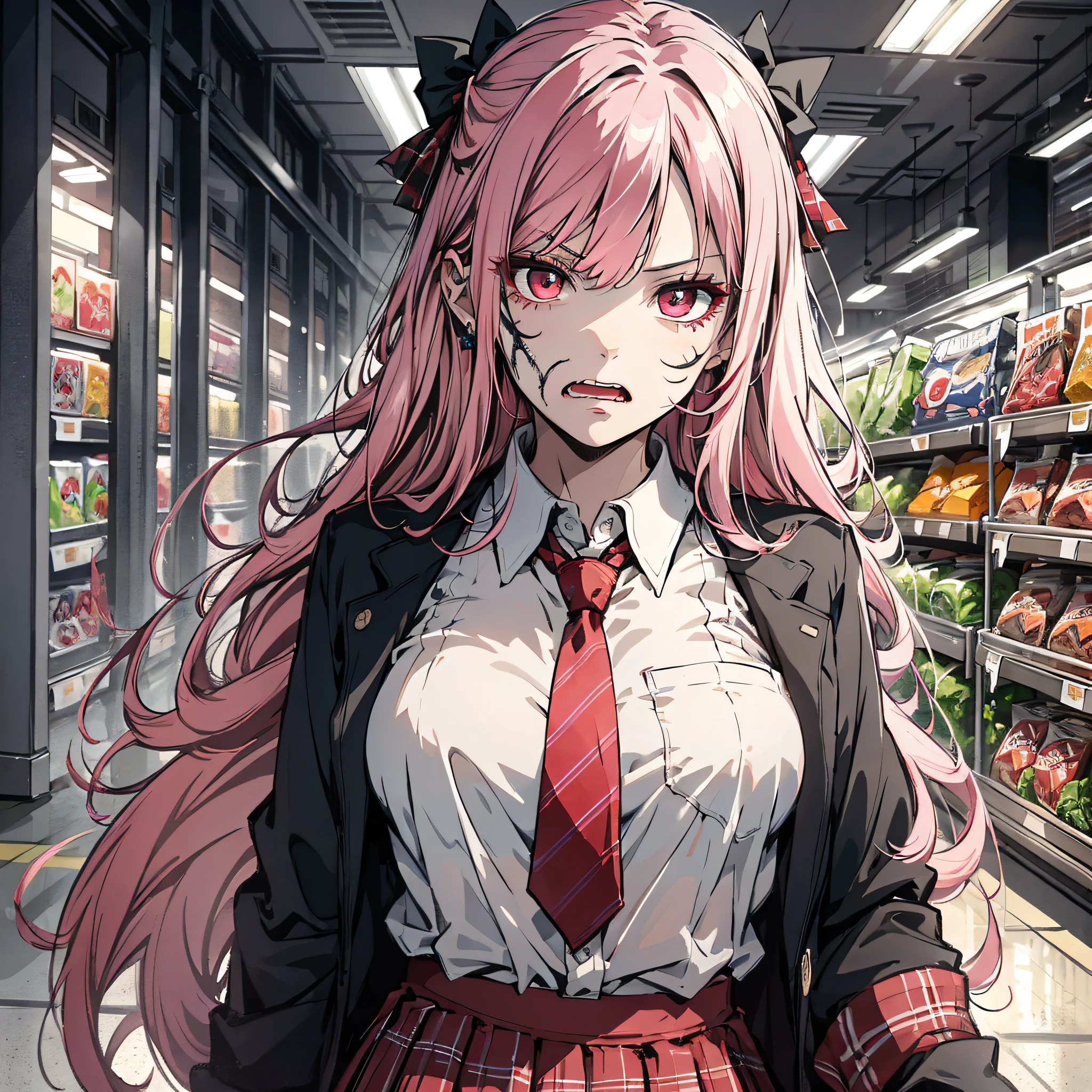 Ridiculous resolution，A high resolution，（tmasterpiece：1.4），Hyper-detailing，Pink Long Hair, 1girll, dual horsetail, Solo, red color eyes, Angry,  white necktie, Pleated plaid red skirt, school uniform, Zombie role-playing，supermarket，Zombie Doom，Zombie outbreak