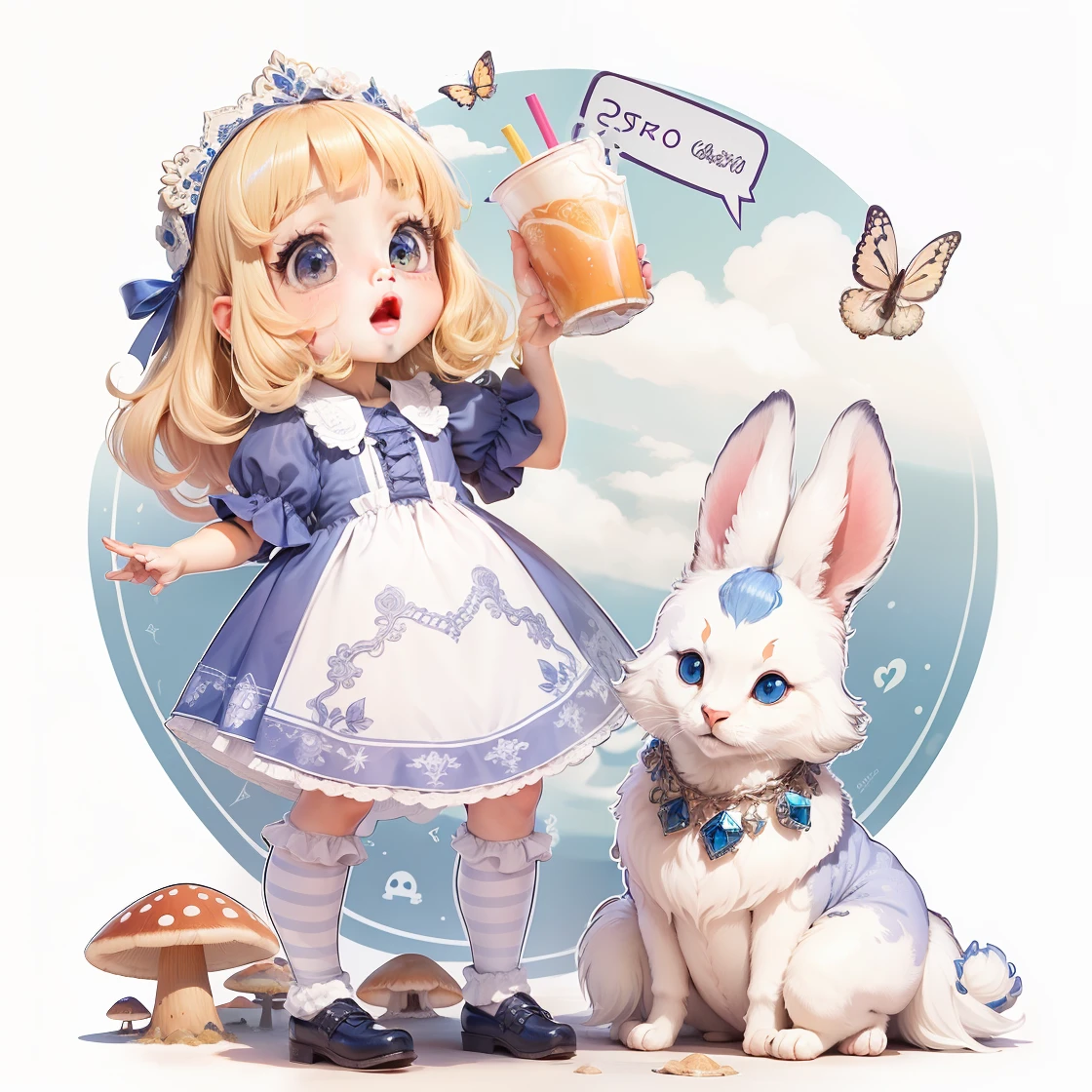 alta mega qualidade, detalhes insanos, alta resolução, Detail resolution, 8k, obra-prima, 8k, fofa, anime, cabelos longo cacheado, olhos azuis, vestido azul com renda branca, meninaando uma garrafa com liquido, etiqueta da garrafa escrito: drink me, animal coelho branco, animal Coelho branco macio e fofo, animal coelho branco de colete, floor with mushrooms, worm mushrooms on the ground, fofo, anime, highes definition, cores intensas, segurando um coelho branco fofo, vestido azul, sapato fofo, small and cute foot, highes definition, realce nos detalhess --auto