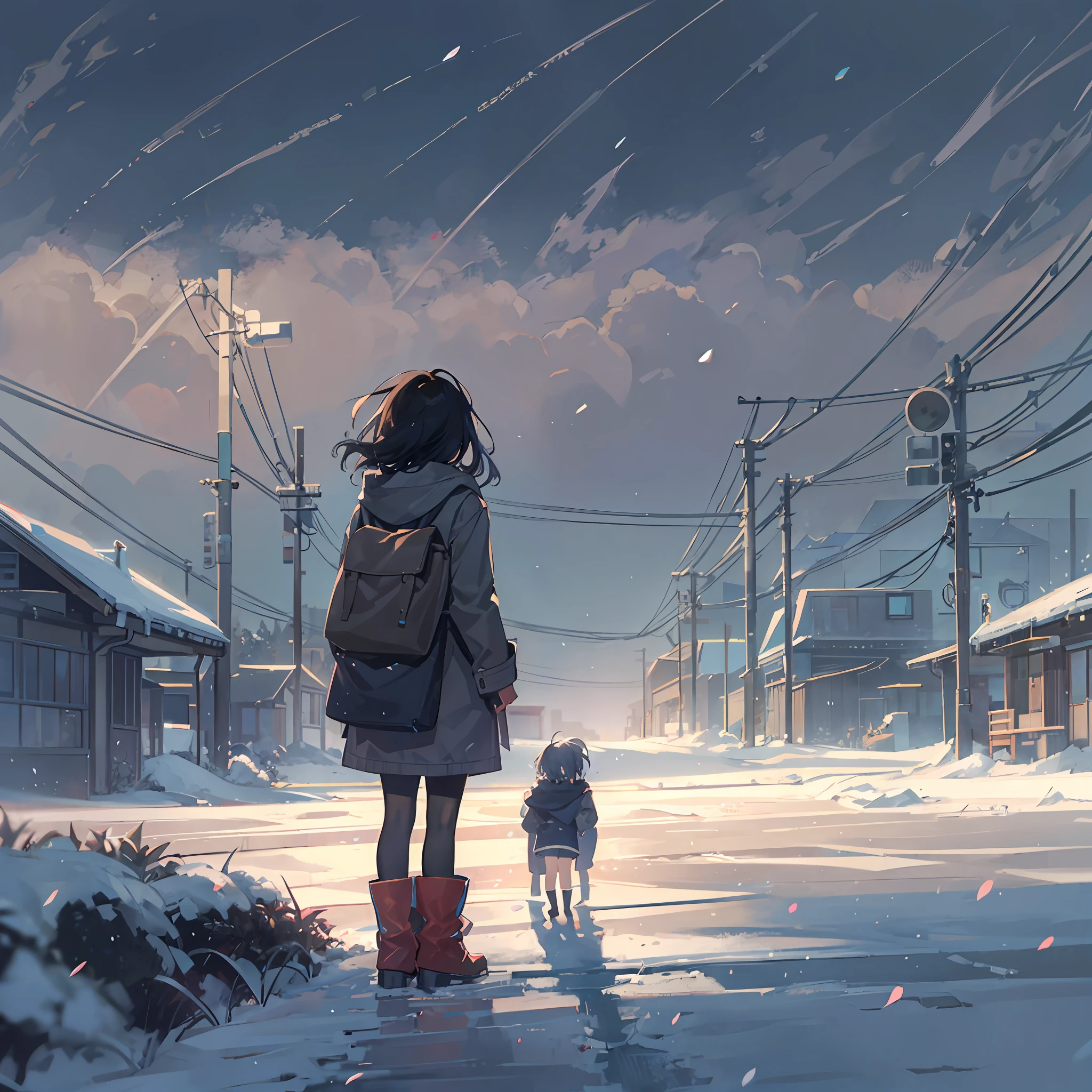 One girl staring at the sky in the distance、Alone、Black long-haired、Grey duffel coat、Check muffler、shortpants、Black tights、long boots、low angles、from the rear、shadowy、snowscape、Oyuki、Diamond Dust、Snow Town、zori、top-quality、​masterpiece、​​clouds、Sad atmosphere、Looks like you're about to cry、style of makoto shinkai