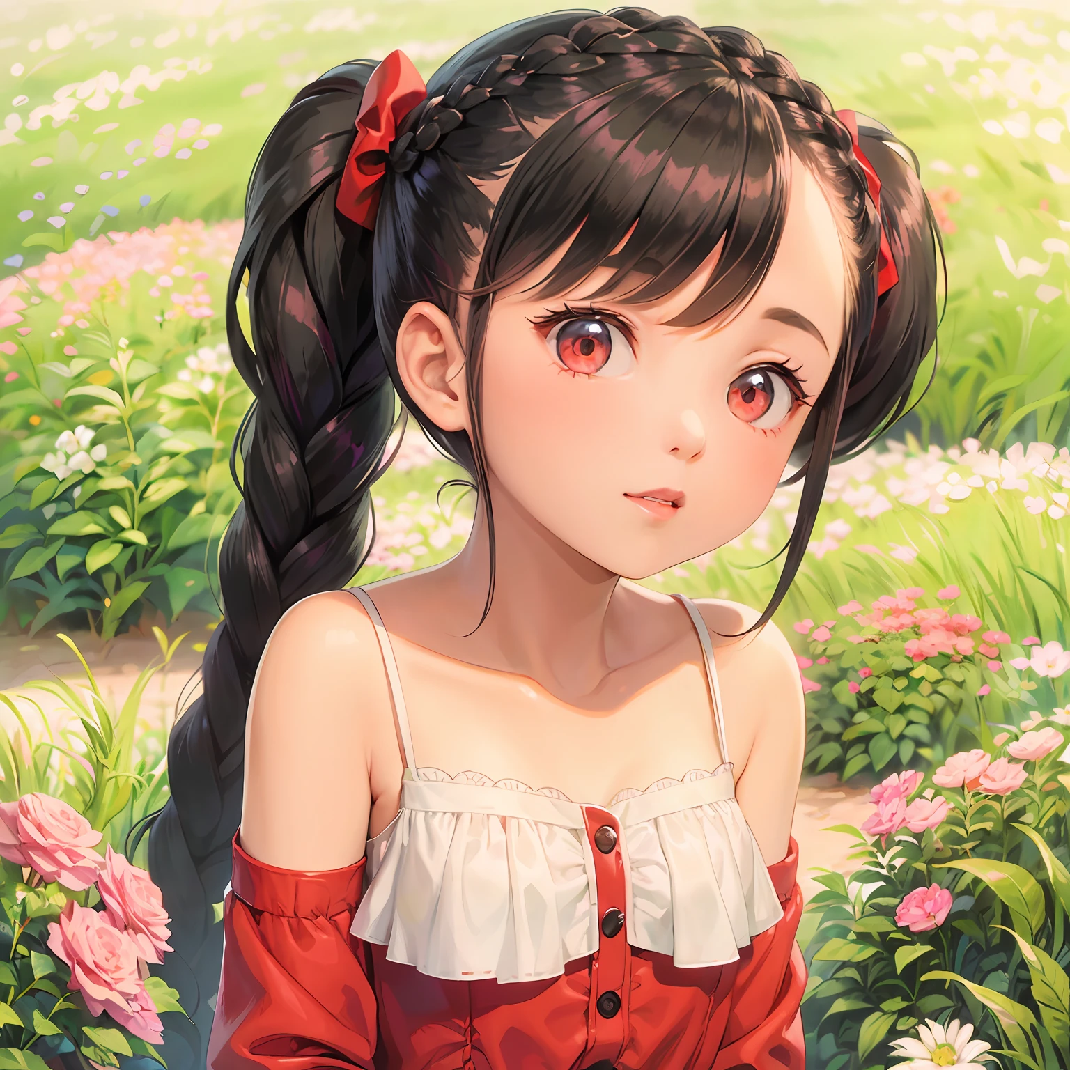 Cute *********** with double twist braids black hair and a little thick lips, Red dress Red bow on the head