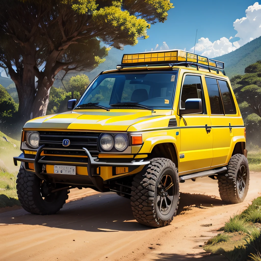 carro offroad, amarelo, estrada com arvores, lama, trilho, blue skies, sol amarelo, realismo. --auto