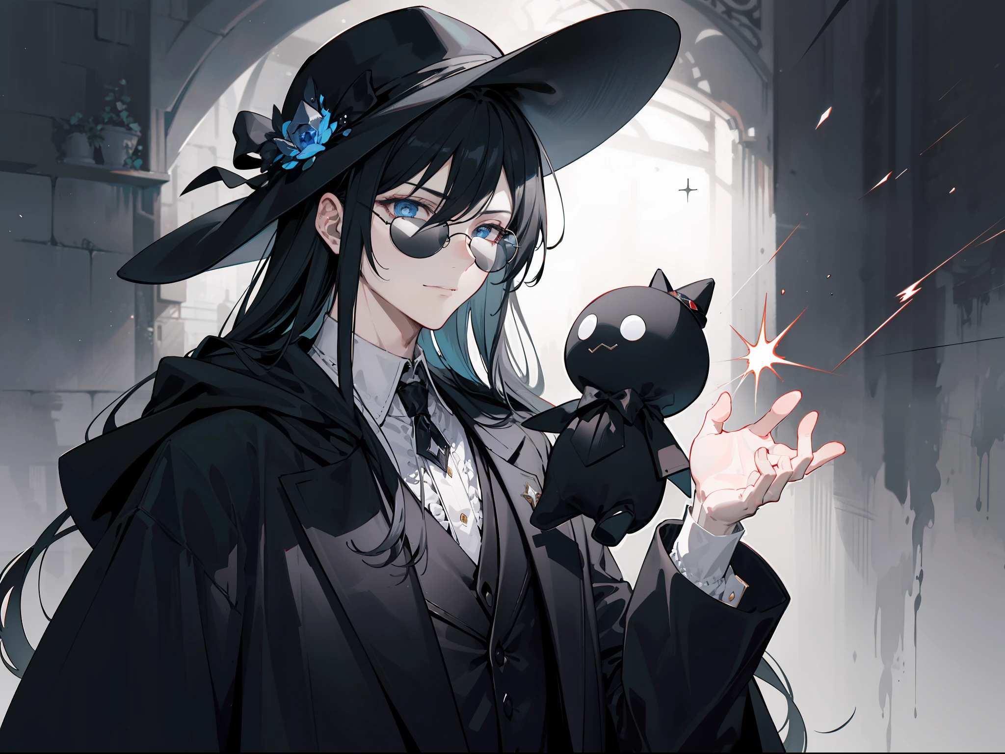 Draw the enigmatic character of Aldrian, the Maker of Legendary Dolls, whose appearance is captivatingly mysterious. He have evil smile and long black hair. He is adorned in a long, flowing black suit cloak that exudes an air of darkness surrounding him. A fedora hat perched on his head adds to the mystique, partially shrouding his face in shadow. His black tinted glasses enhance the visual allure and add an extra touch of enigma. In the illustration, Aldrian can be seen holding a living doll in one hand, asserting his fearsome abilities. The background could be a dark environment filled with dolls he has transformed in the past, creating an atmosphere that is both mysterious and profound. Furthermore, portray his facial expression with ambiguity, reflecting the inner conflict and remorse that envelopes this tragic figure. With your artistic flair, depict Aldrian with intricate details and creativity to evoke curiosity and spark the imagination of the viewers.