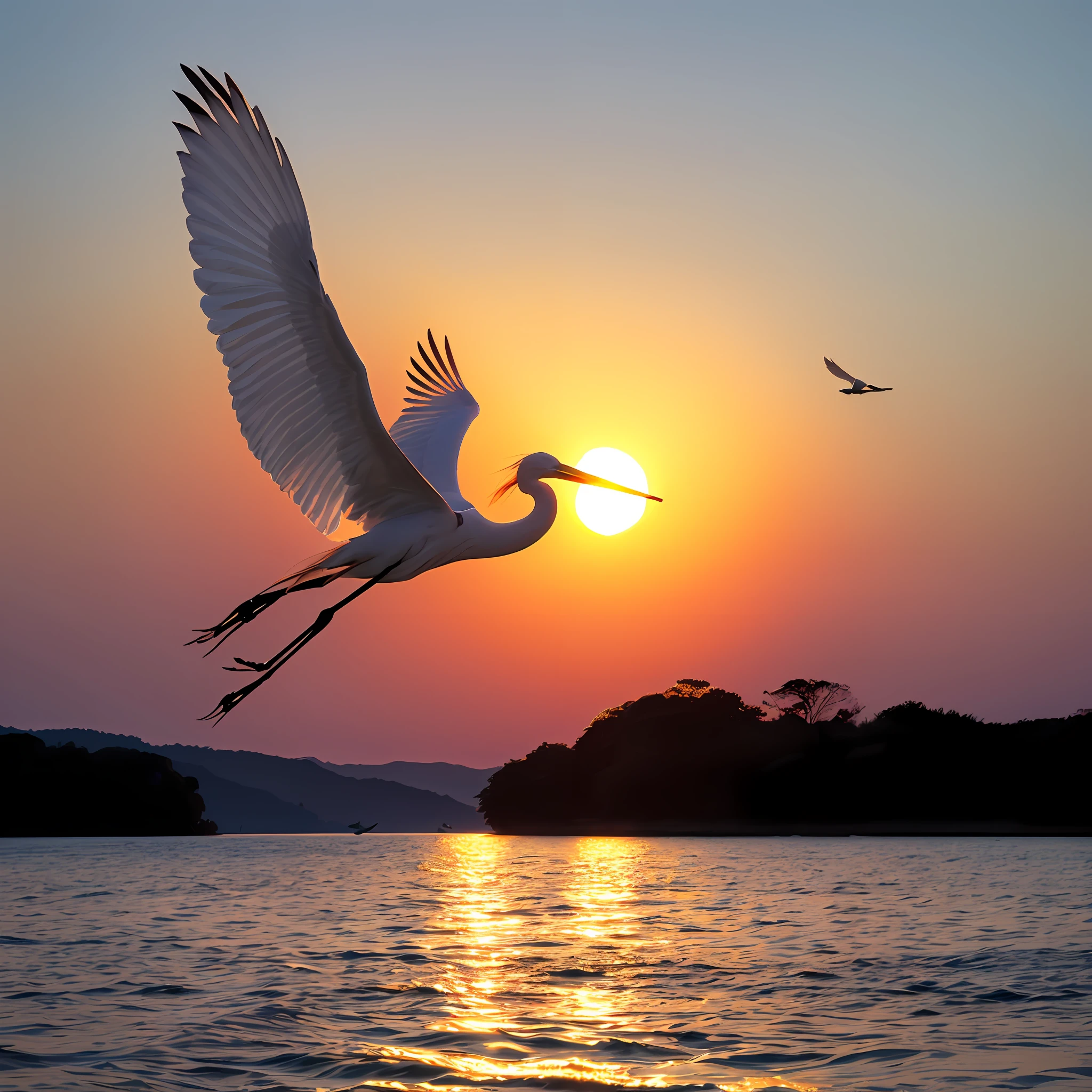 Egrets fly in the setting sun,A color for the lake and sky --auto