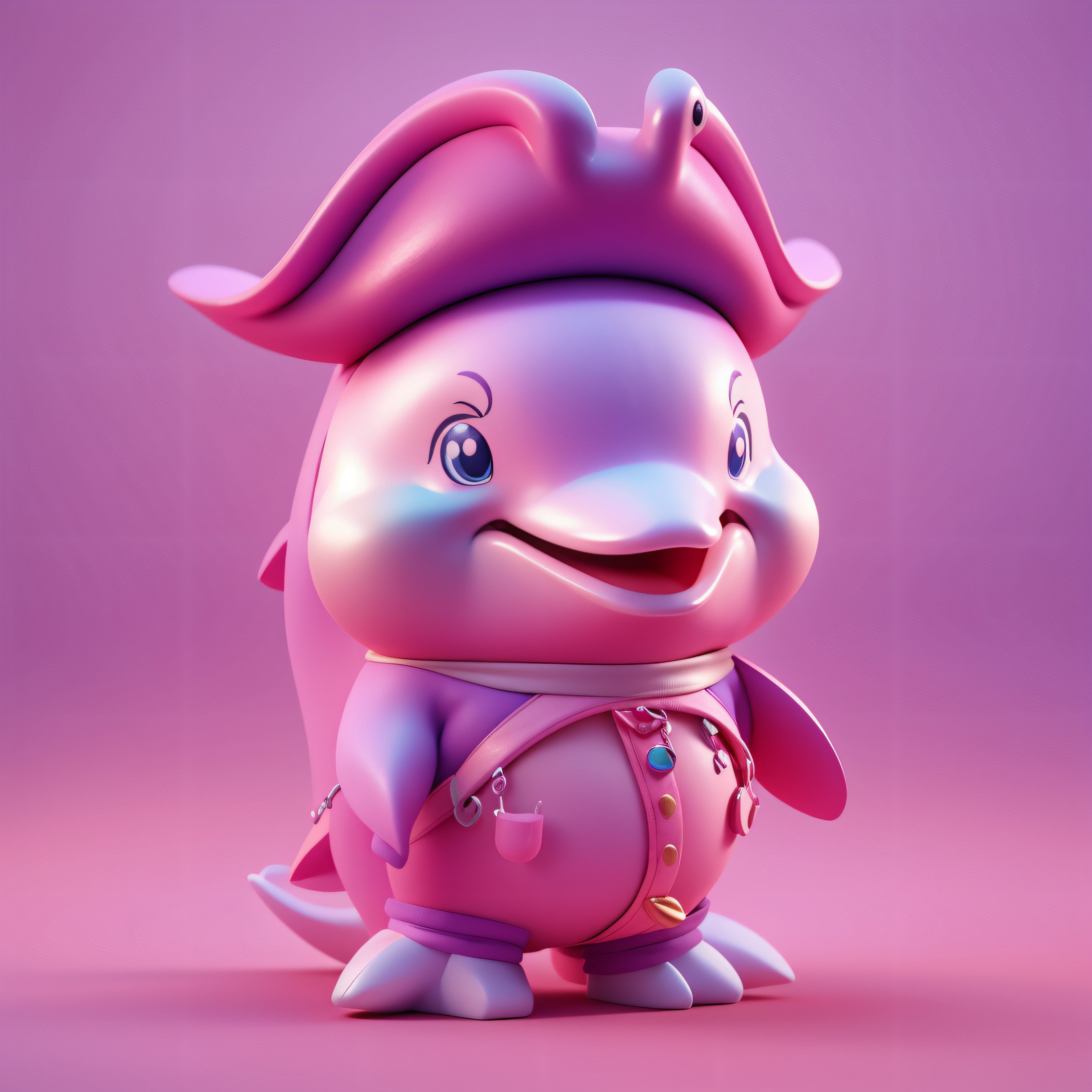 highly detailed 3D render cute pink dolphin with a pirate costume, kids cartoon style, high detailed textures, soft smooth textures, violet sea coral color gradient in background.