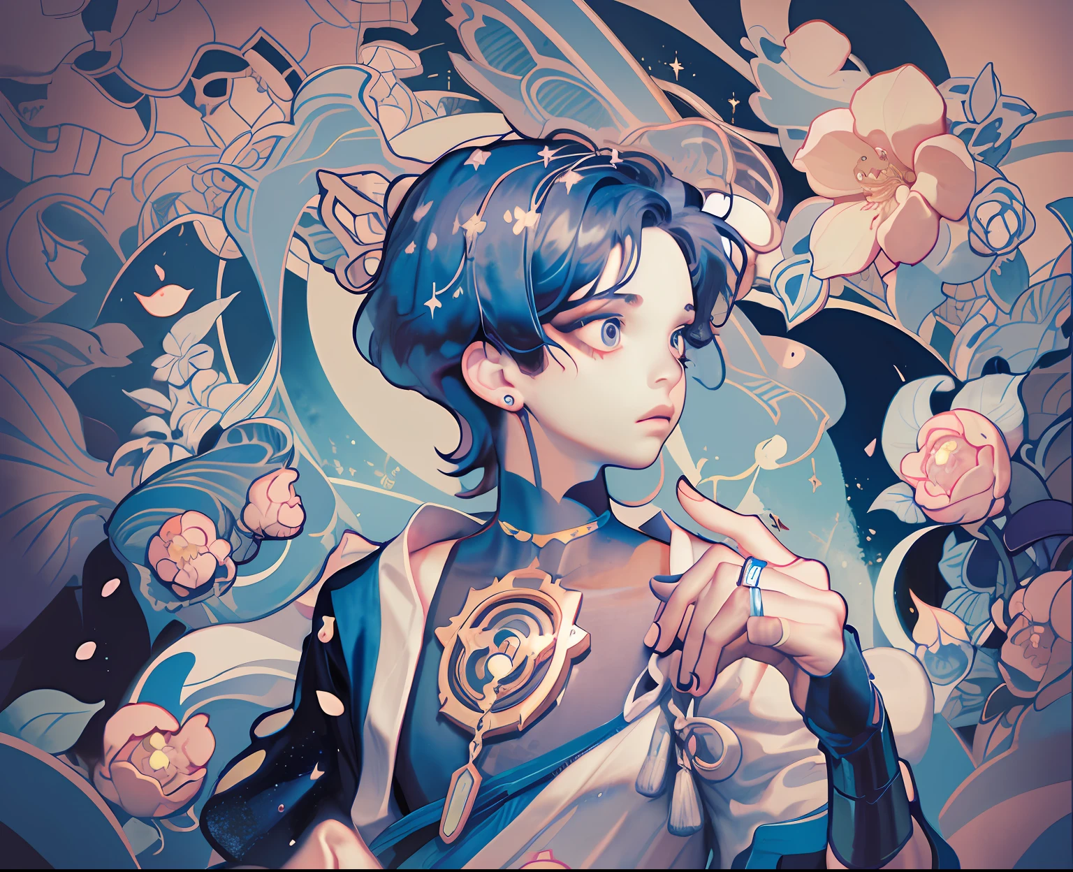 (wanderer:1.2), scaramouche (genshin impact),boy,solo,Portrait,masterpiece, best quality, 1boy, dynamic pose, dynamnic angle, Best shadows: 1.1), ((Depth of field)), ((Watercolor)), bare shoulders, flowers and petals, Beautiful concept illustration, (Illustration: 1.1), (Extreme beauty: 1.1), (Perfect detail: 1.1), masterpiece, best quality, cute, vibrant, colorful, stars, sparkle, shiny, iridescent, stars, trees, streams of light, stars, (absurdres:1.1), best quality, extremely delicate, (beautiful face:1.1), elegant, (great composition), bags under eyes, (dark:1.3), (empty eyes:1.2), short hair, (realistic:1.1), 1man, dynamic pose, cherry blossoms,blue sky, standing, cute, stars, clouds, (golden fishes, Pisces), masterpiece, best quality, masterpiece, best quality, cute, under tall trees, 1boy,solo,Portrait,masterpiece, best quality,(wanderer:1.2), scaramouche (genshin impact), 1boy,