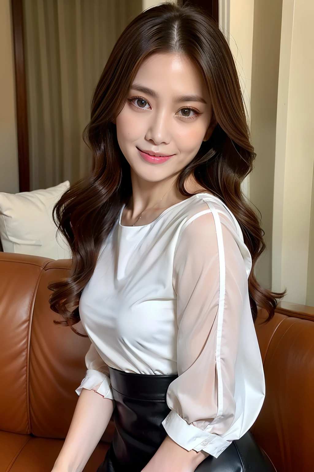 Long blonde fringed hair、1girl in、The sheen、Silver Blouse、Leather、tight skirts、(top-quality:1.4)、(超A high resolution:1.2)、(A detailed eye)、a room