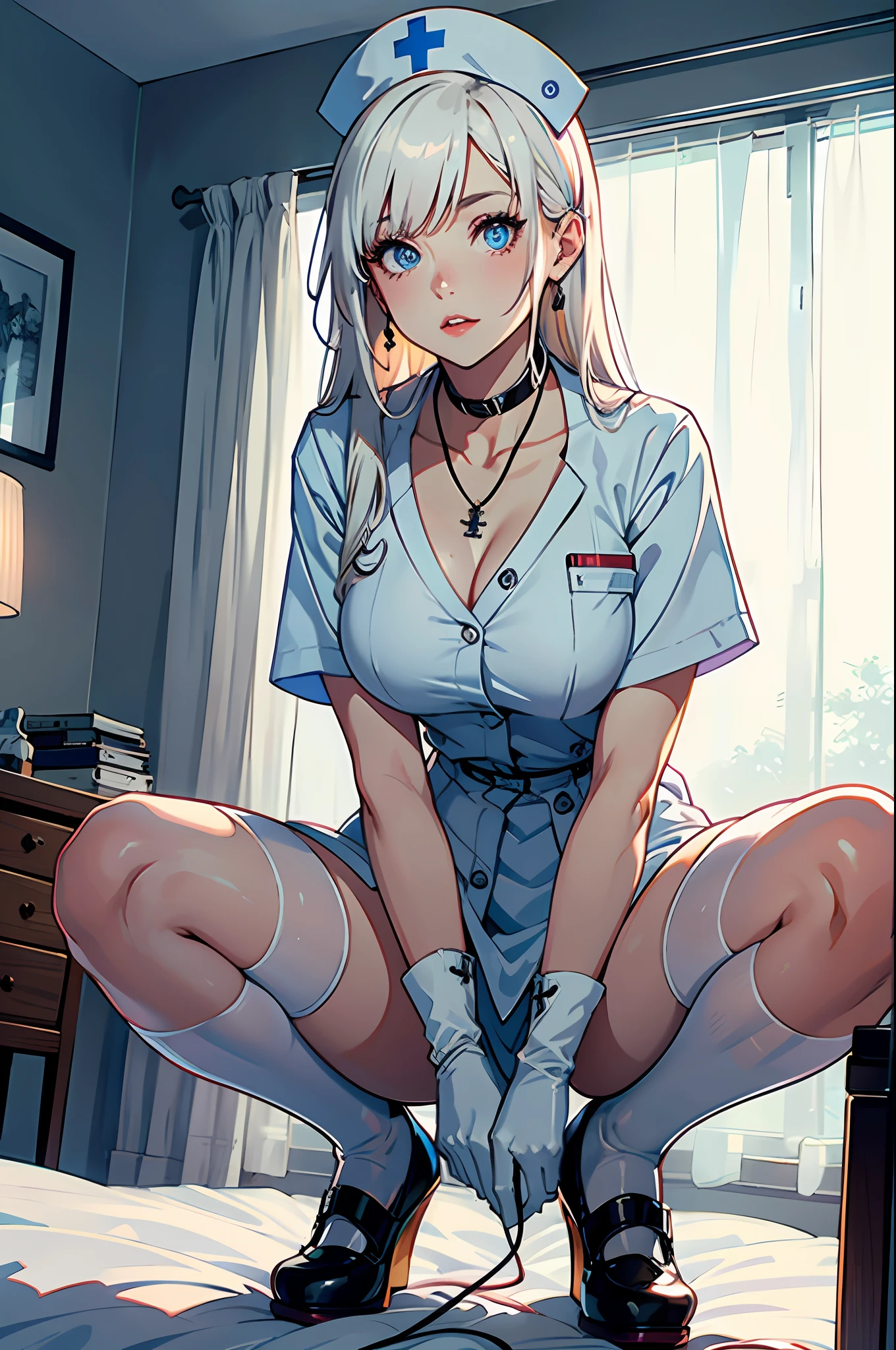 1girl in, (Solo:1.2), (Beautiful and detailed eyes description), (beautiful and detailed face), Perfect female body, neat figure, Slender waist, (Young Girl), (20 years old), Long hair, Platinum Blonde Hair, Two-side-up,Very big eyes, Blue eyes, medium breasts, blush, Shy, watery lips, Nurse, (nurse dress), Nurse Cap, Unbuttoned, (White Gloves:1.2), (White pantyhose), high-heels, a necklace, Hospital bed, White curtains, Sunlight, hand between legs, Straddle the camera, Squatting, (Best Quality), (ultra-detailliert), (masuter piece), (hight resolution), (Original), (the Extremely Detailed CG Unity 8K Wallpapers), Character Design, Game CG, Detailed Manga Illustration