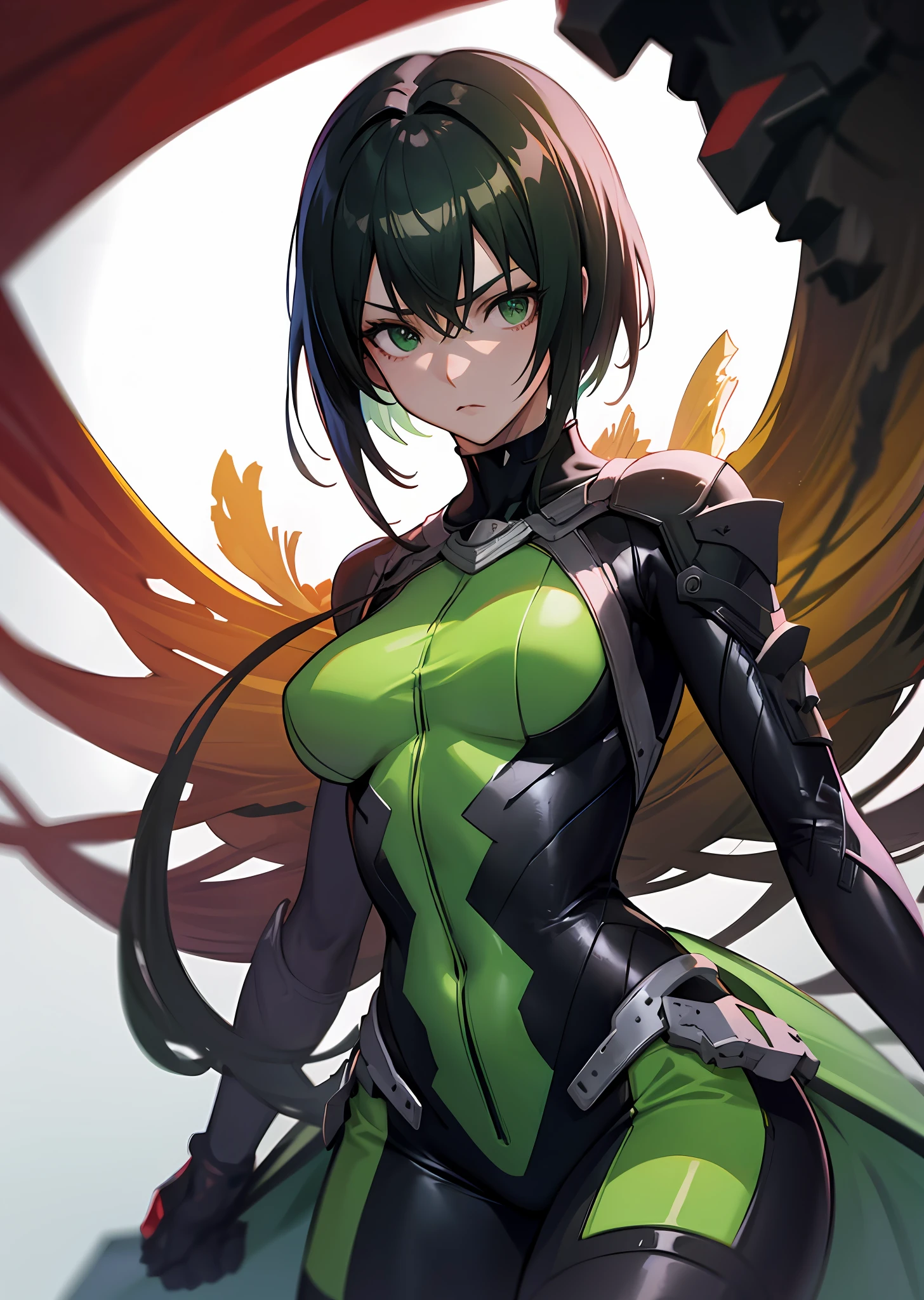 (masutepiece), Best Quality, High resolution, Ultra-detailed, Vivid texture, Stand up to the powerful, A tight bodysuit that emphasizes her gorgeous figure, Dynamic lighting, green/Black color contrast, cinematic view, intense emotion, Immersive experience, timeless beauty, Breathtaking.