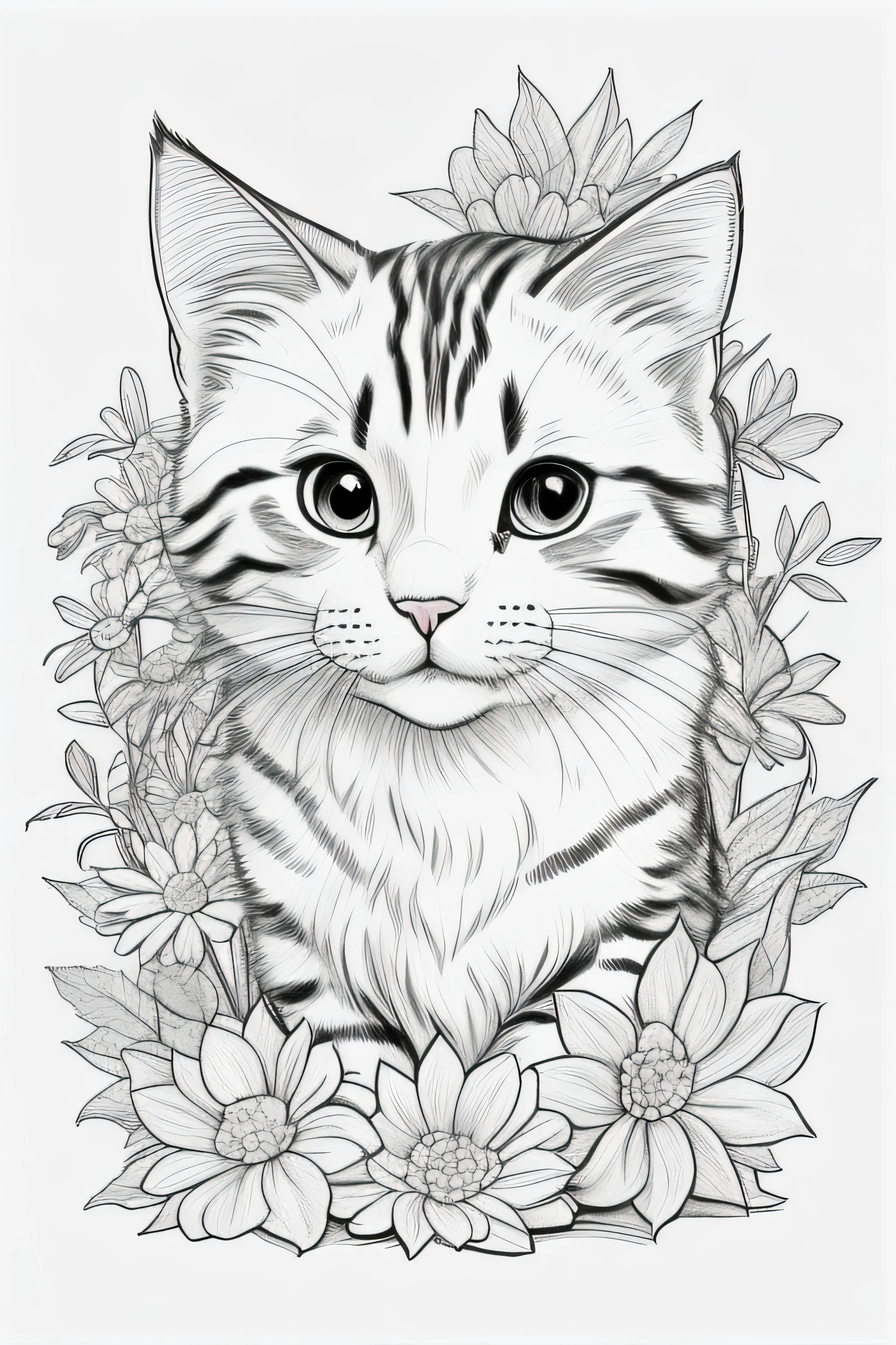 um desenho de um gato sentado em um jardim de flores com flores, gato detalhado, arte digital detalhada bonito, line art colouring page, arte de linha hiper detalhada, arte detalhada bonito, Highly detailed illustration, Desenho detalhado em 4K, desenho altamente detalhado, high detailed illustration, arte de linha detalhada, Highly detailed sketch, desenho digital detalhado, Linework altamente detalhado, Desenho detalhado de linhas a tinta limpa
