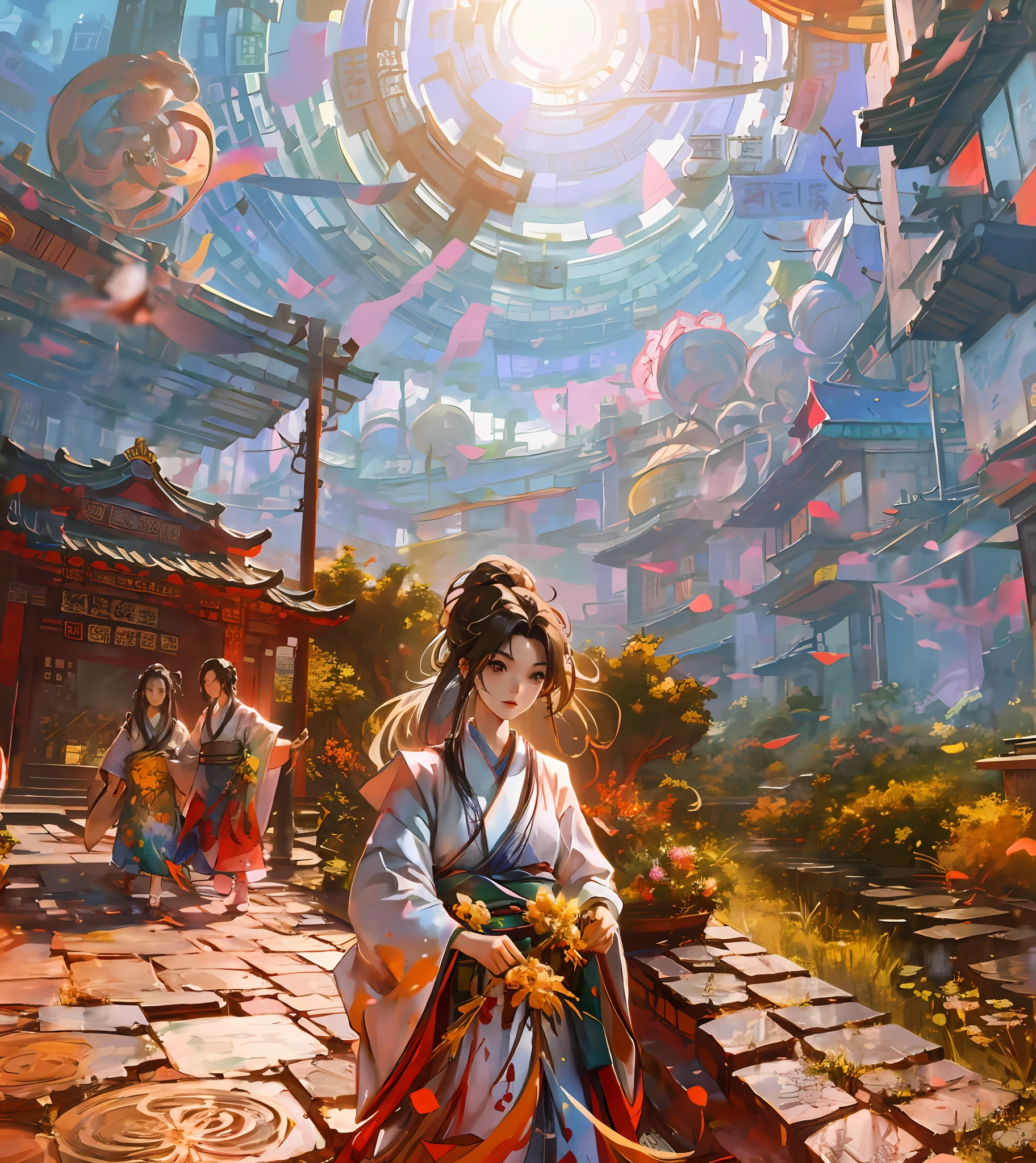 Draw a woman in a kimono skirt walking down the road, A beautiful artwork illustration, Palace , A girl in Hanfu, Alice X. zhang, Inspired by Fenghua Zhong, By Li Song, Beautiful character painting, author:Sheng Maoye, by Yang J, author:Golden Farmer, inspired by Chen Yifei, author:Guan Daosheng