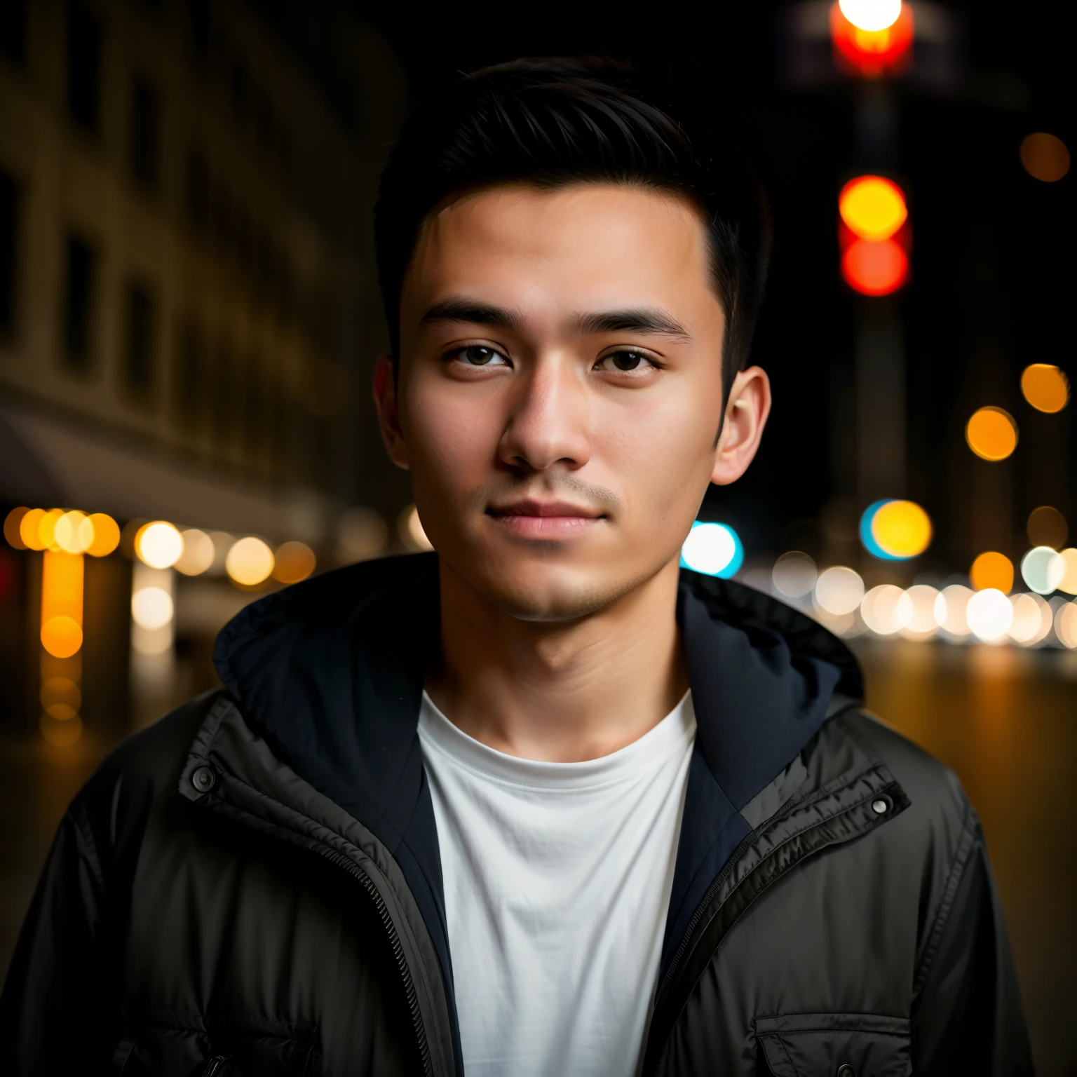 RAW photography, portrait of a 25 year old man in casual clothes, night, city street, (high resolution skin: 1.2), 8K UHD, DSLR, soft lighting, high quality, film grain, fujifilm XT3