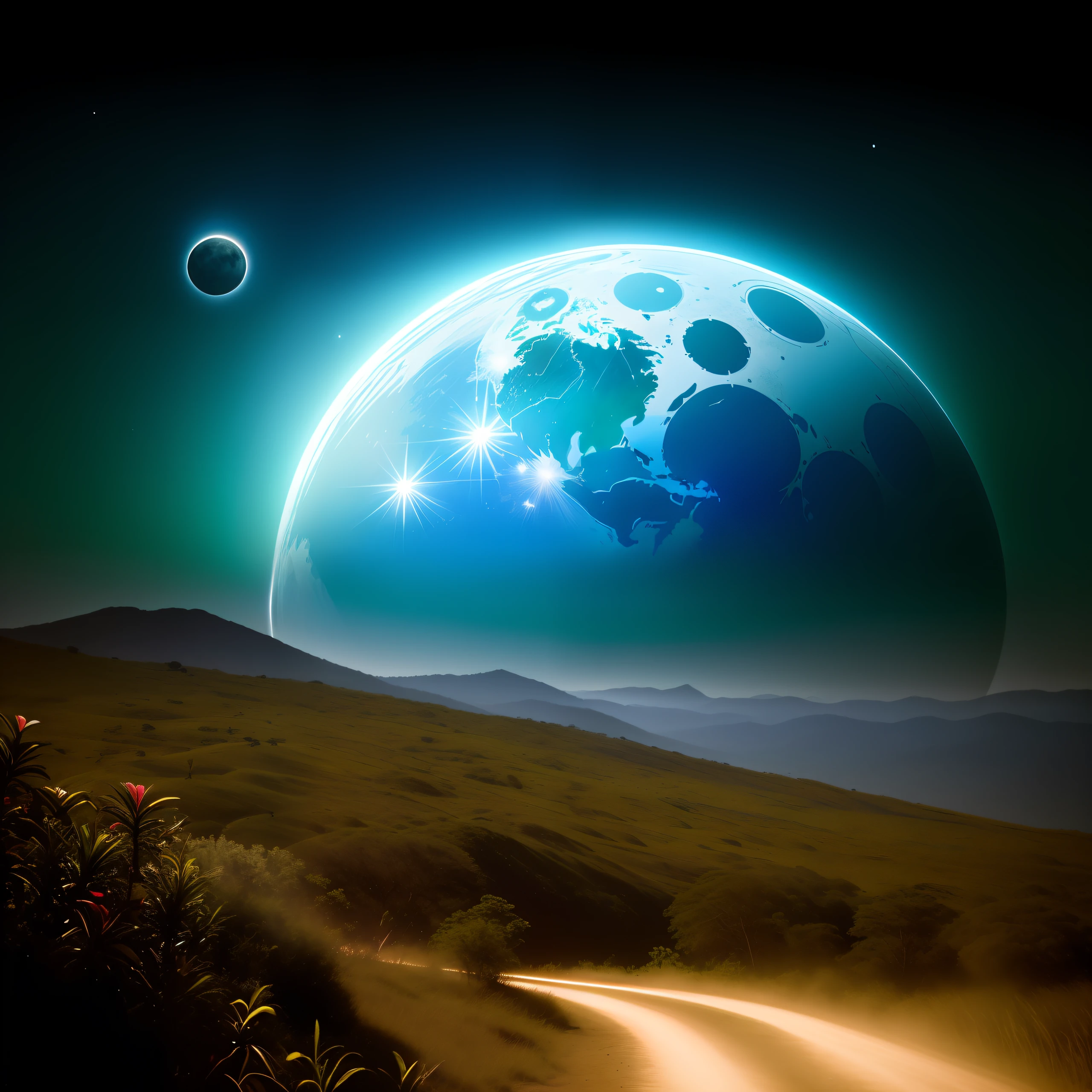 epic realistic, (hdr:1.4), (cores suaves:1.4), eclipse lunar, cores neutras, noite, refractions of screen space, (detalhes complexos), (detalhes complexos, hiperdetalhado:1.2), Artistic Station, Film shooting, vinheta, fundo complexo, constructions, nevado, luar texturizada, destacar a lua
