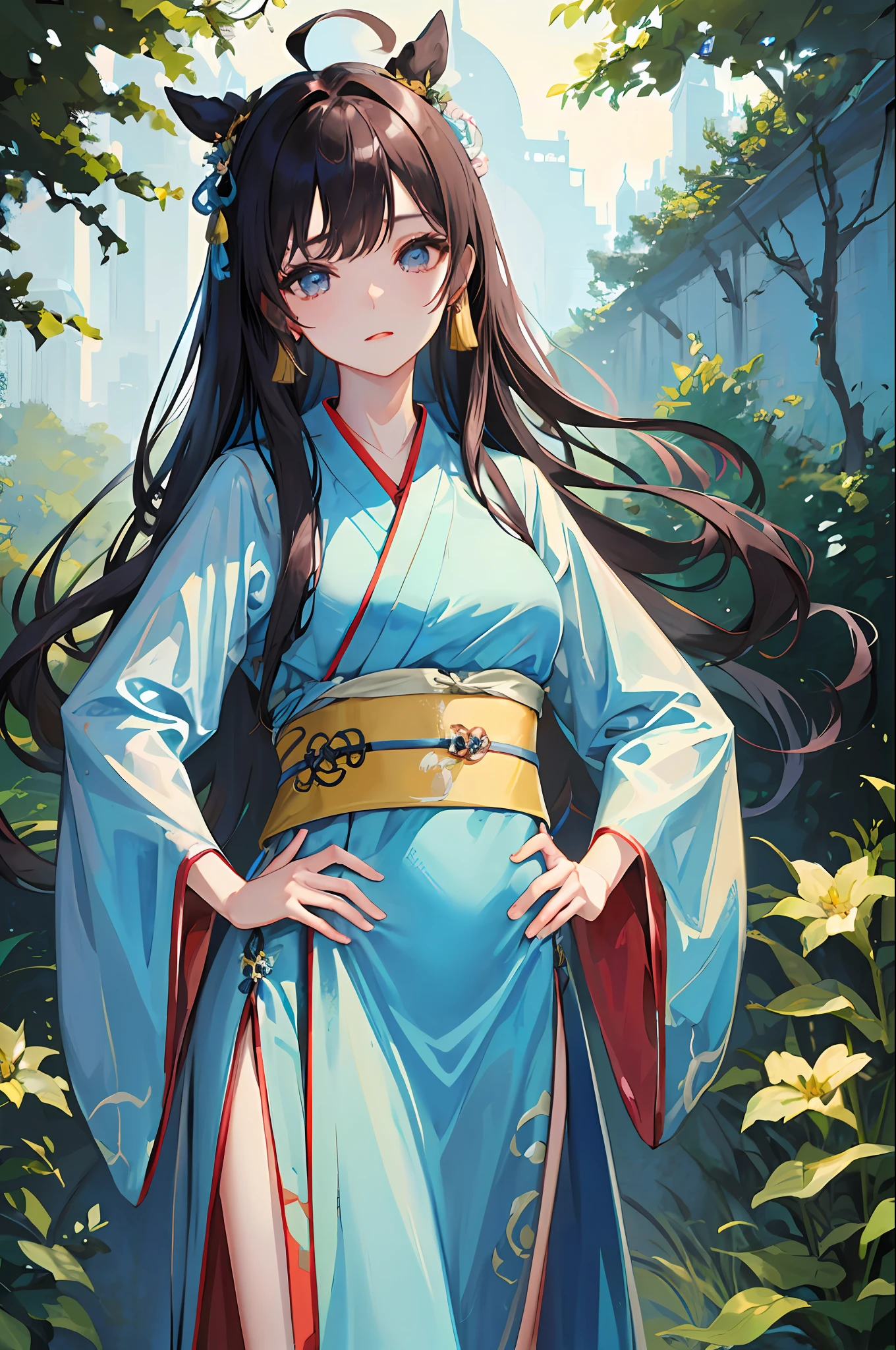 (masterpiece: 1.5)、(top-quality: 1.5)、(ultra-detailliert: 1.5)、illustratio、Cowboy Shots、 1 人、独奏、(buliding)、face perfect、shinny skin、length hair、beatiful detailed eyes、Beautiful flowing hair、(ru_qun:1.5)、(Hanfu:1.5)、chinese clothes、a blue dress、Blue is not、(bloom)、illuminating、Ray traching、plein air、mont、naturey、hair adornments、Hair Ribbon、Hands on the hips、looking at viewert、Ahoge、Colossal tits、(Depth of Field 1.5)、hair adornments、the woods、