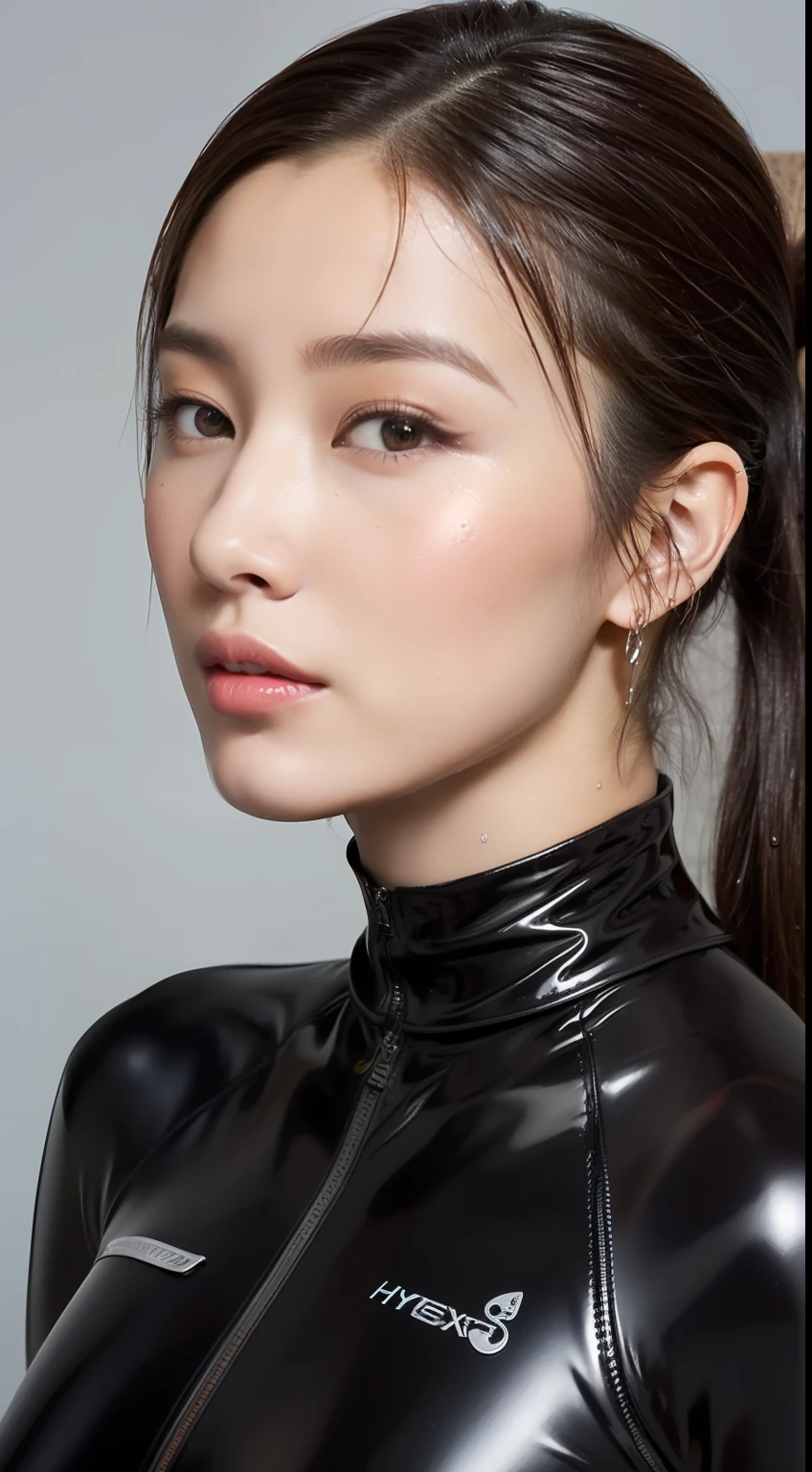 (top-quality)、A Japanese Lady､1girl in、A sexy:1.1、dark brown  hair:1.1、(poneyTail､a wet body:1.3)、The sheen、ratex､wet suit、hyperdetailed face、Detailed lips、A detailed eye、Angle from below