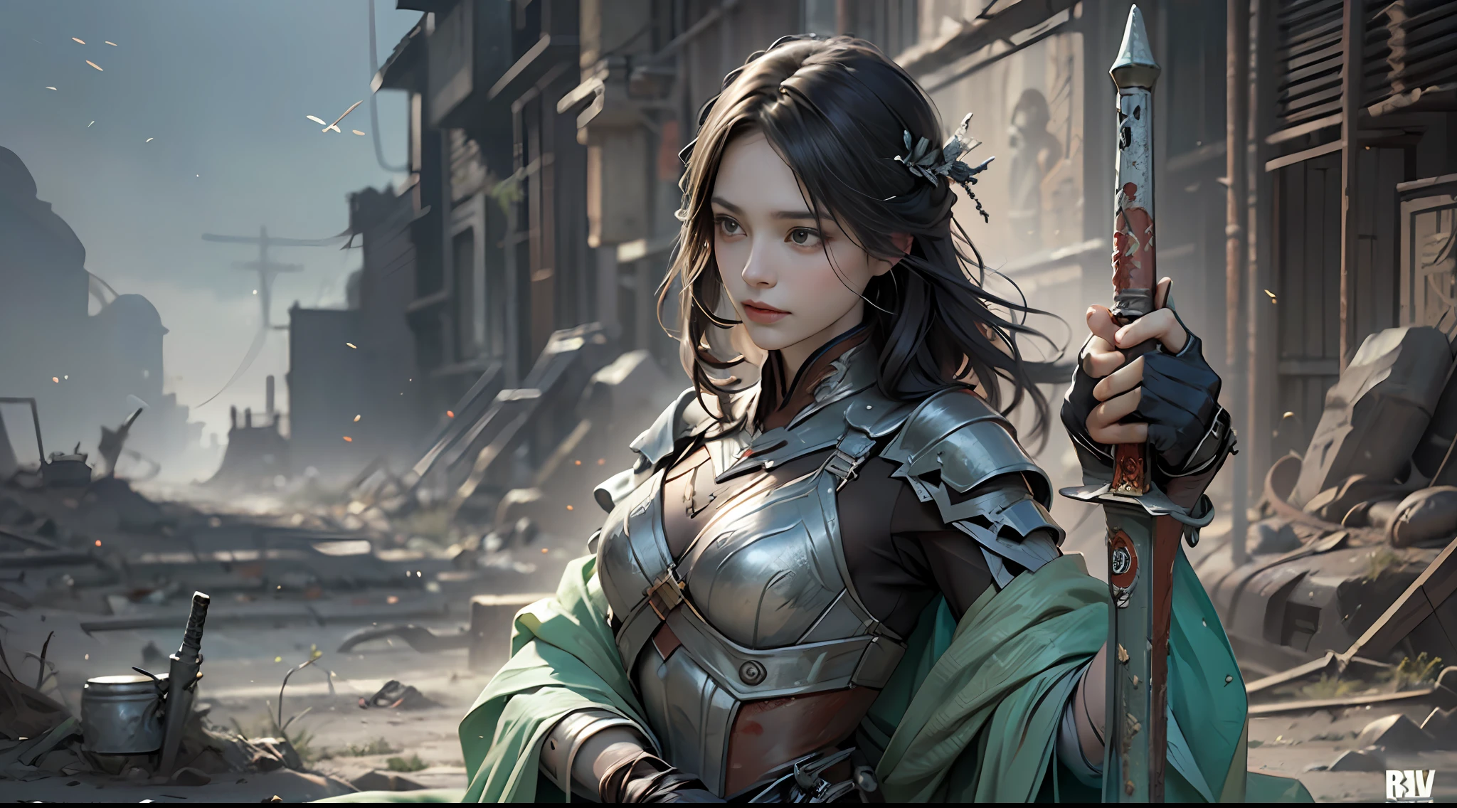 8k wallpaper,ultra - detailed,rich details,ultraclear,8K,,Best quality at best,best qualtiy,mistic,2girls,Black armor,Ancient Chinese general armor,(((Sword in hand))),facing to audience,(((A withered battlefield,废墟,run-down,Wasteland,barren,A desert))),Sadness outside,battlefiled,ancient battle field,,((the night,Dimly lit,Dark 1.3)),Bust composition