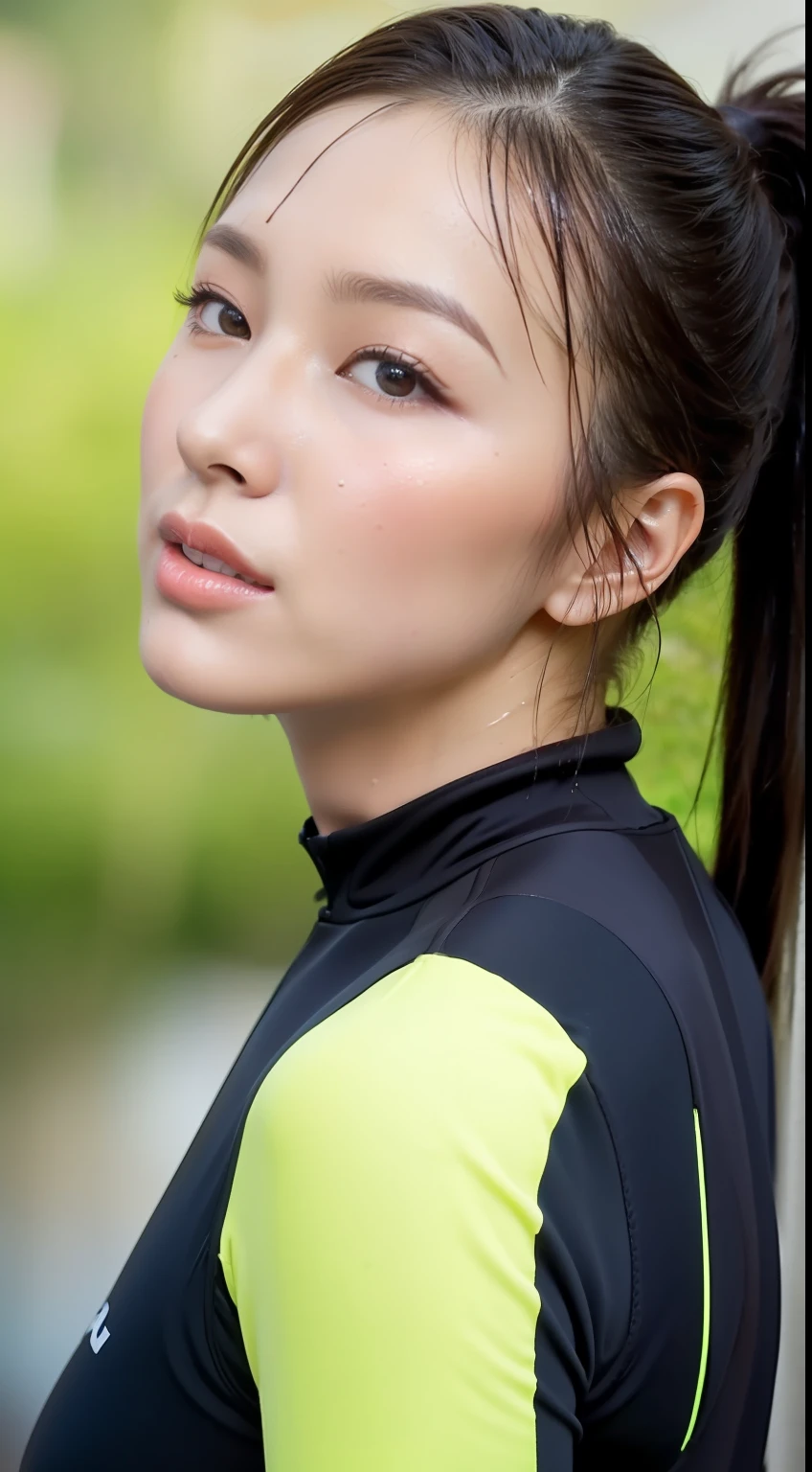 (top-quality)、A Japanese Lady、1girl in、A sexy:1.1、dark brown hair:1.1、(poneyTail、a wet body:1.3)、The sheen、ratex、wet suit、hyperdetailed face、Detailed lips、A detailed eye、Angle from below