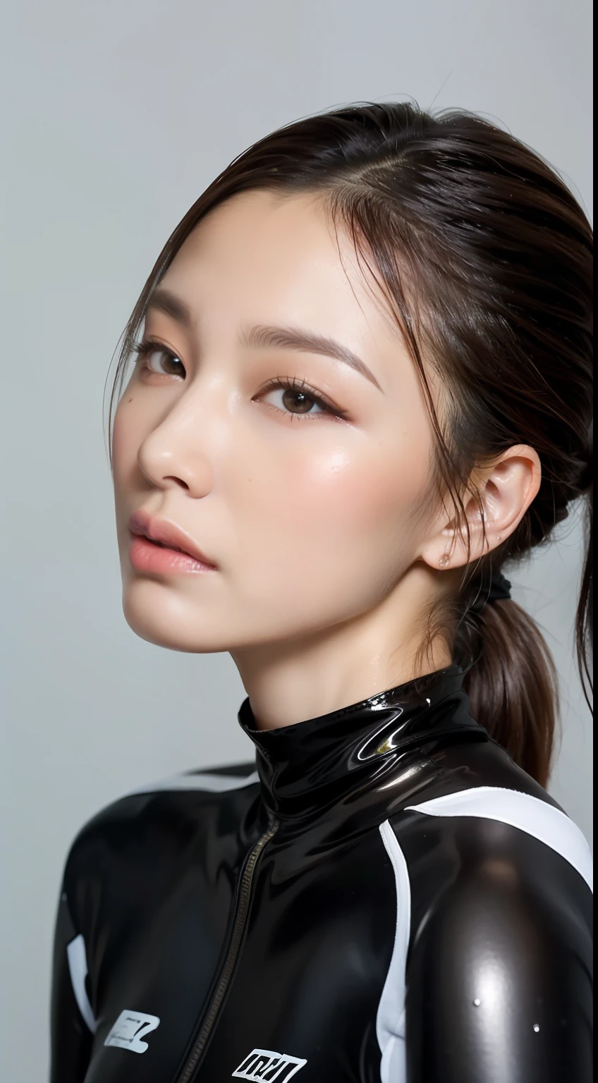 (top-quality)、A Japanese Lady､1girl in、A sexy:1.1、dark brown  hair:1.1、(poneyTail､a wet body:1.3)、The sheen、ratex､wet suit、hyperdetailed face、Detailed lips、A detailed eye、Angle from below