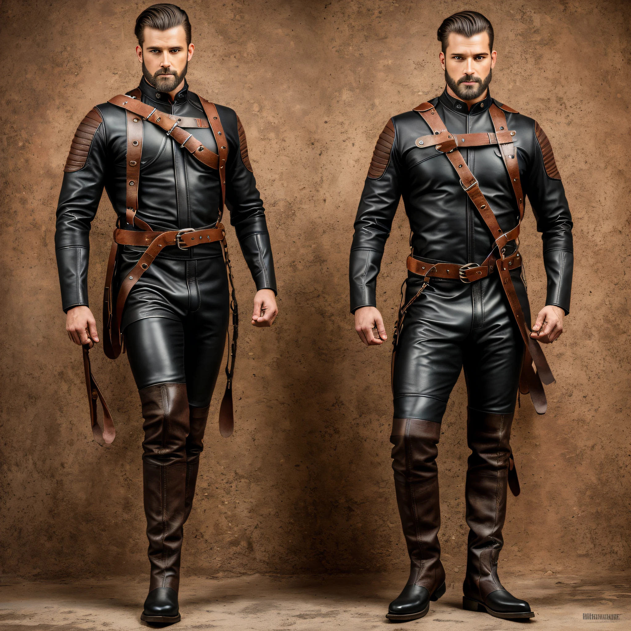 fotografia colorido altamente detalhado de um homem bonito , a leather harness , black german boots , bolo de carne , Romanesque painting in the style of Paul Cadmus , jared french , Tone of Finland. 8k --auto