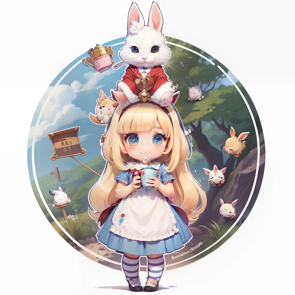 alta mega qualidade, detalhes insanos, alta resolução, Detail resolution, 8k, obra-prima, 8k, Menina fofa, anime, cabelos longo cacheado, olhos azuis, sorrindo, noose on the head, vestido azul com renda branca, Girl holding a cup of tea, animal rabbit on top of head, animal Coelho branco macio e fofo, White rabbit in red vest a watch, cartas de baralho ao redor, fofo, anime, highes definition, cores intensas, segurando um coelho branco fofo, vestido azul, sapato fofo, small and cute foot, highes definition, realce nos detalhess --auto