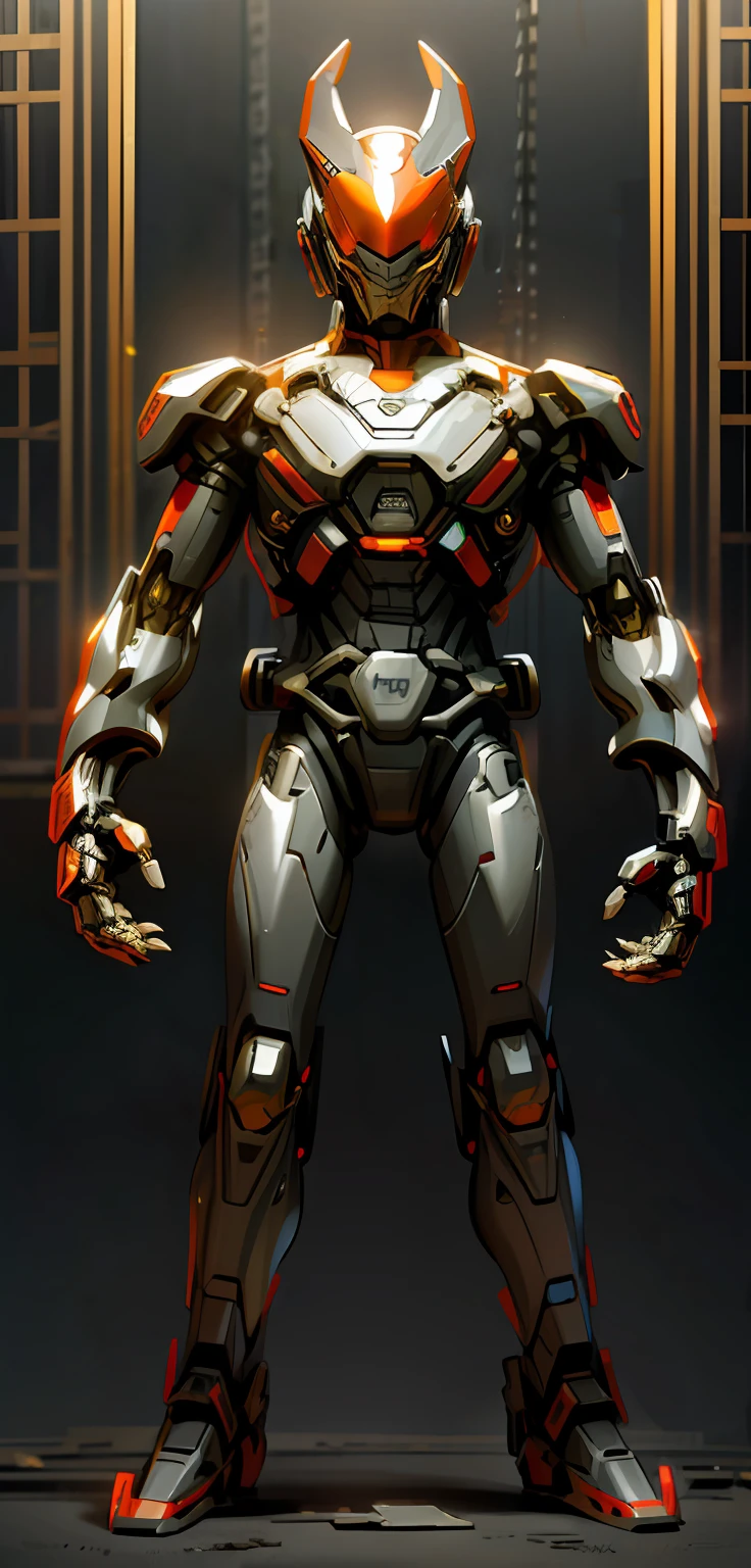 Dark_Fantasy,Cyberpunk,(chain saw,chain saw man,Red:1.1),1man,Mechanical marvel,Robotic presence,Cybernetic guardian, wearing a worn-out mech suit, intricate, (steel metal [rusty]), elegant, clear focus, shot by greg rutkowski, soft lighting, vibrant colors, masterpiece, ((street)), cowboy shot, dynamic pose,
