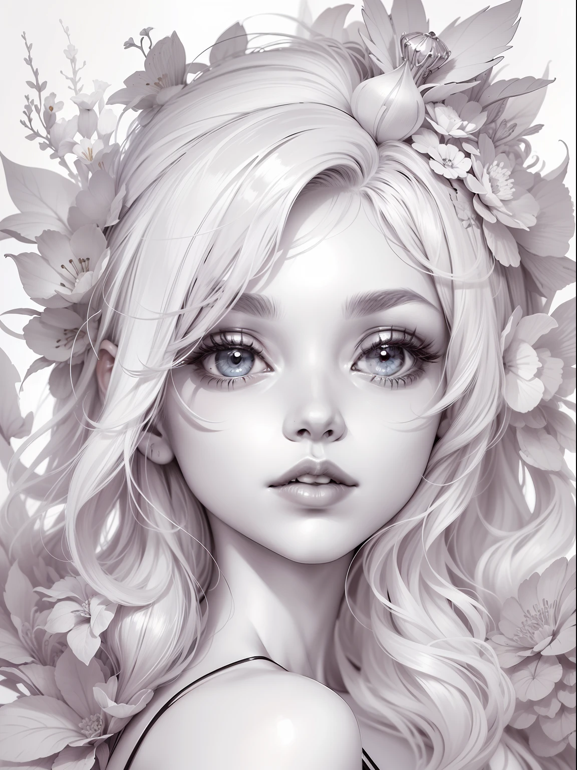 A stunning white ink drawing coloring page of whimsical magnificent [Fantasy Garden Fairy],ultra close up front view happy face portrait, white Ink drawing white hair, extremely adorable, charming, extremely cute , (((((pure white background))))), monochrome, pure black and white, crisp drawing line, the highest quality adult coloring book style, modern anime style, an illustration that pays tribute to the iconic styles of Artgerm, Aleksi Briclot, and Charlie Bowater, created in a digital doodle line art style, with ink drawing vector crisp lines, the ultra clean and bold lines found in cutest cartoon styles on [Michael Whelan] with a low level of detail to give it a sharp and clean appearance. The cartoon style is bold and crisp line inspired