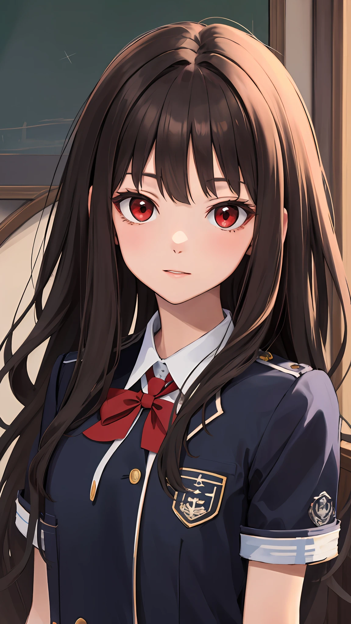 Anime girl with long hair and red eyes standing in front of a window ...