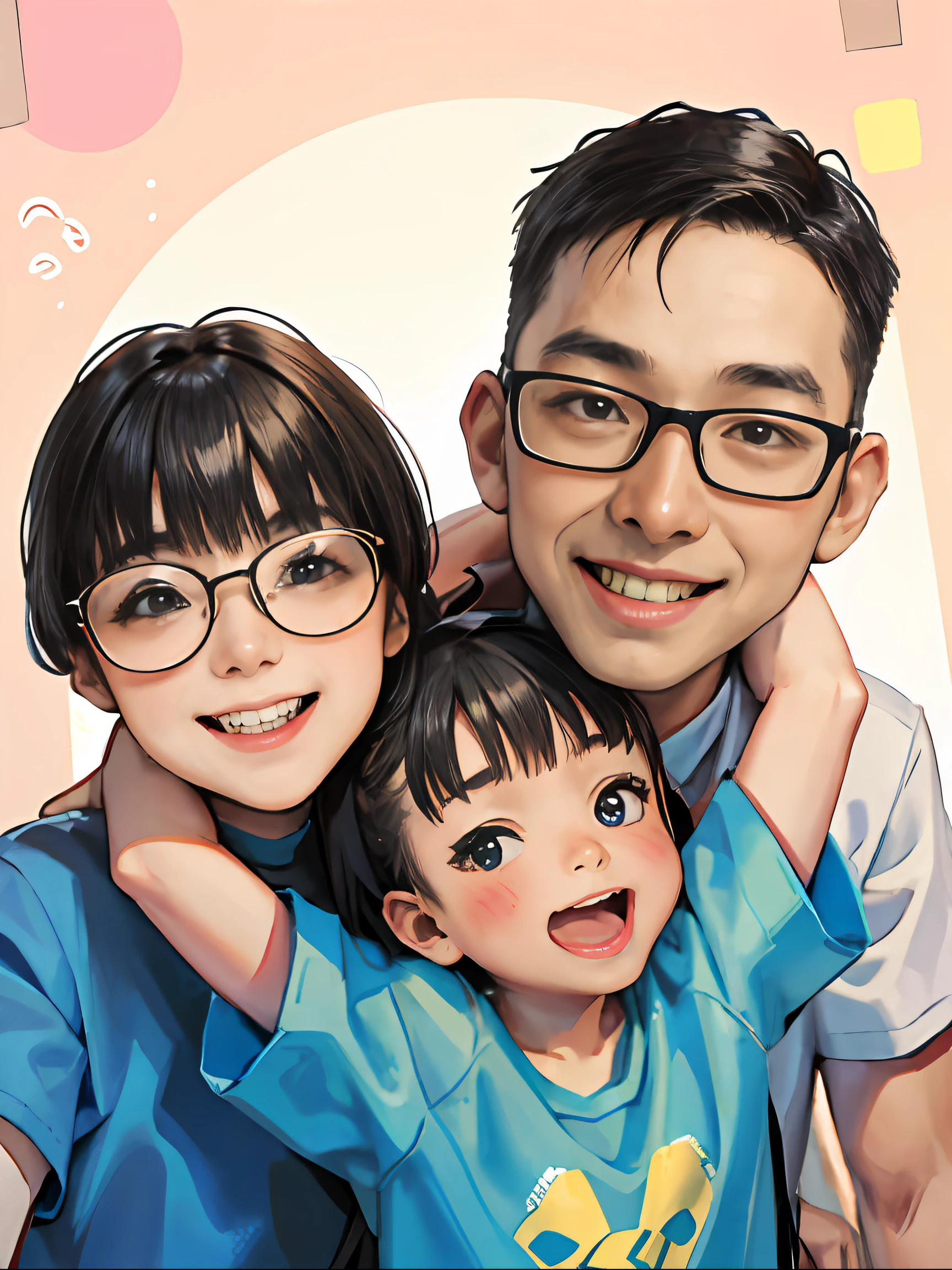 Family，3 people， with a round face, south east asian with round face，Young cute asian face，family photos