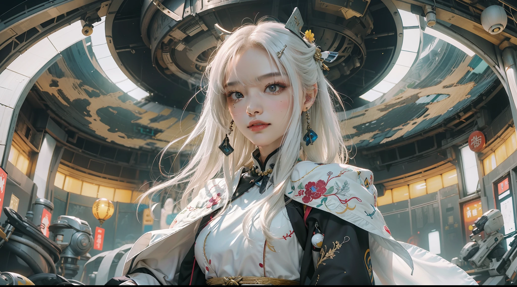 ,Wide shot, From above, up-close, Ultra-wide angle, Wide-angle, Sony FE GM,one-girl,Crazy pose,Crazy tension,Cinematic light,Gorgeous background,Colorful background,grin,((cyber punk style,machine arm,Hologram aura,Surreal Science Fiction Art,Future Science Fiction Aesthetics)),(1 girl solo), (full body shot shot), (Determined eyes),(Ancient Chinese clothes,White cheongsam,Embroidered collar Uesugi,White large-sleeved shirt,Streamers),(Hairpins,cabelos preto e longos, arma),(Hanfu),(Clear facial features,detailed skin textures,beauitful face), 耳Nipple Ring,Yellow skin,(tmasterpiece,top Quority,best qualtiy),(((flatcolors))),