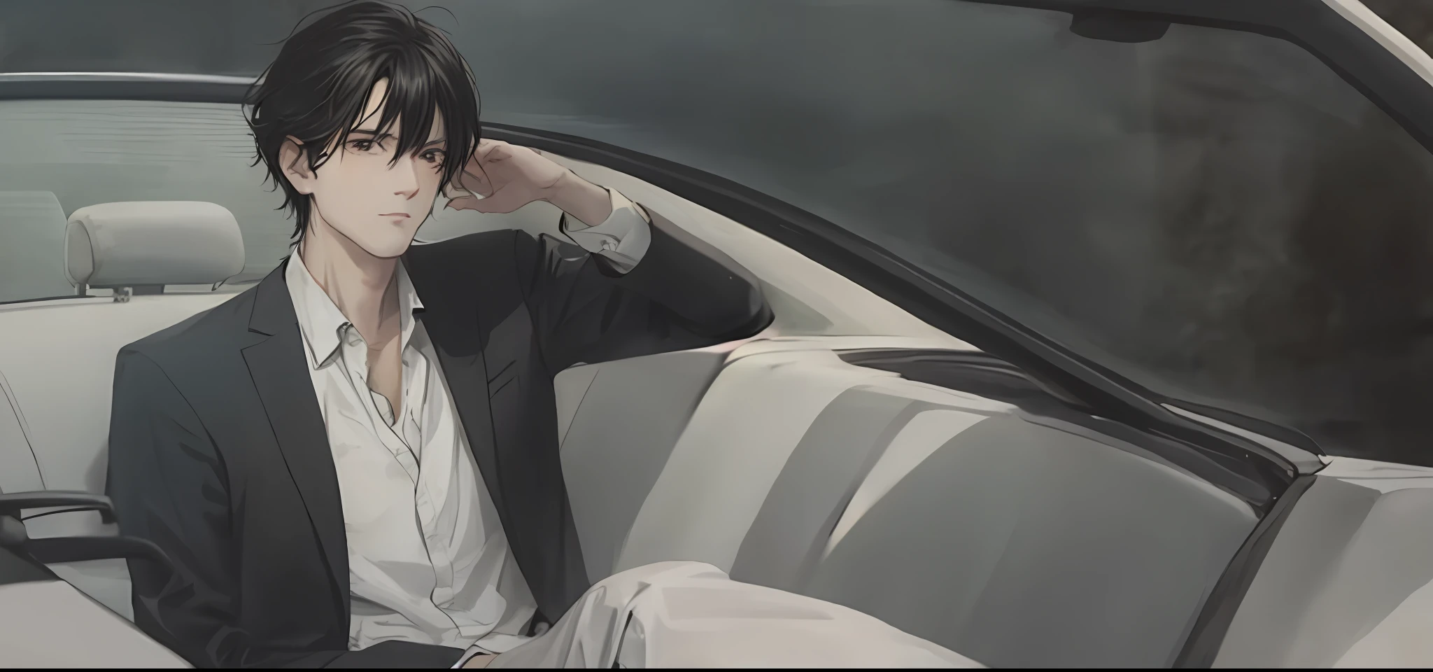 A loose black-haired man sitting in a white sedan，Realistic lighting，Realistic painting style