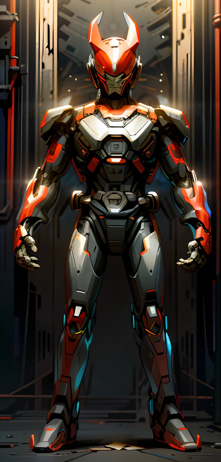Dark_Fantasy,Cyberpunk,(chain saw,chain saw man,Red:1.1),1man,Mechanical marvel,Robotic presence,Cybernetic guardian, wearing a worn-out mech suit, intricate, (steel metal [rusty]), elegant, clear focus, shot by greg rutkowski, soft lighting, vibrant colors, masterpiece, ((street)), cowboy shot, dynamic pose,