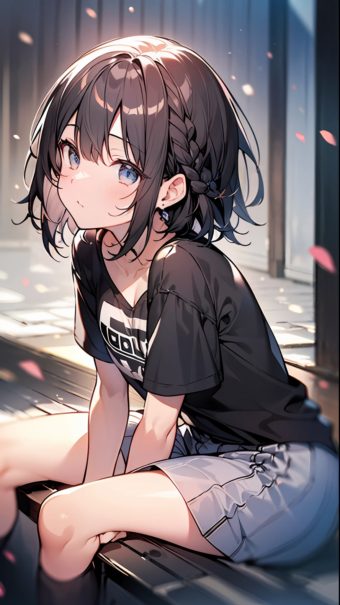 (top-quality、8K、32K、masterpiece、nffsw:1.2)、a cute loli、Medium short hair、short braiding、beauitful face、(Slouched:1.3)、crouching down、(From above:1.2)、(a closeup:1.4)、small curvy loli、((You can see the chest))、Loose baggy T-shirt、(beautiful nipple slips:0.9)、outside of house、the wind、shinny skin、blurry backround、