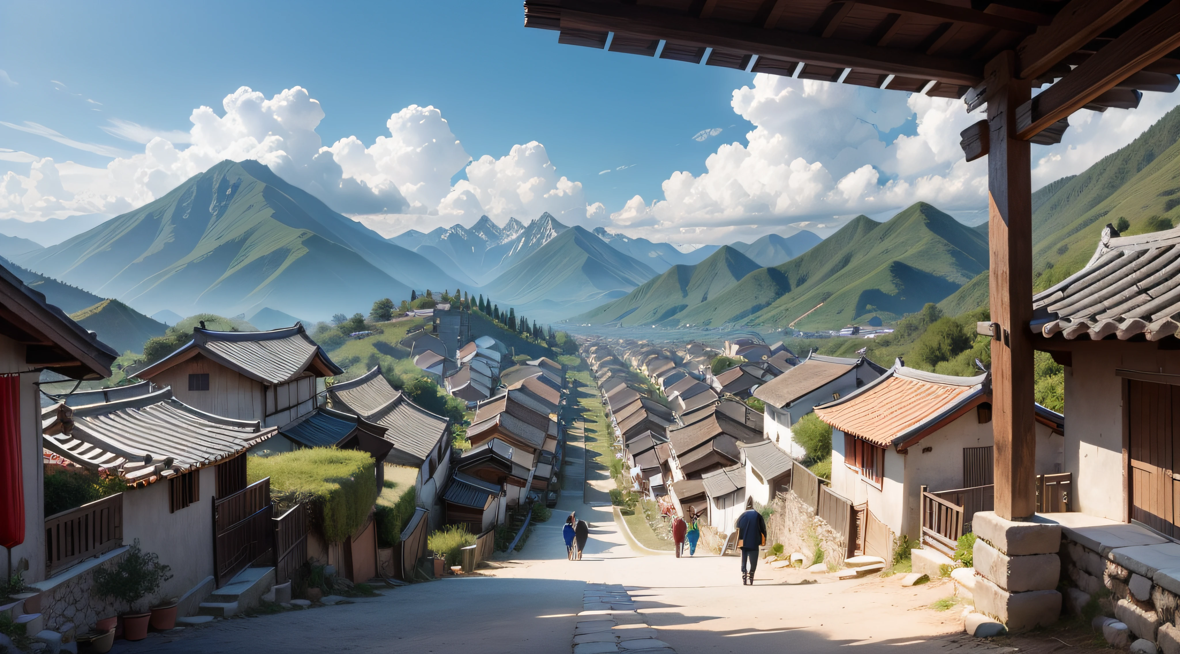 people in a small chinese village, from 1500, mountains in the background, viradas de costas