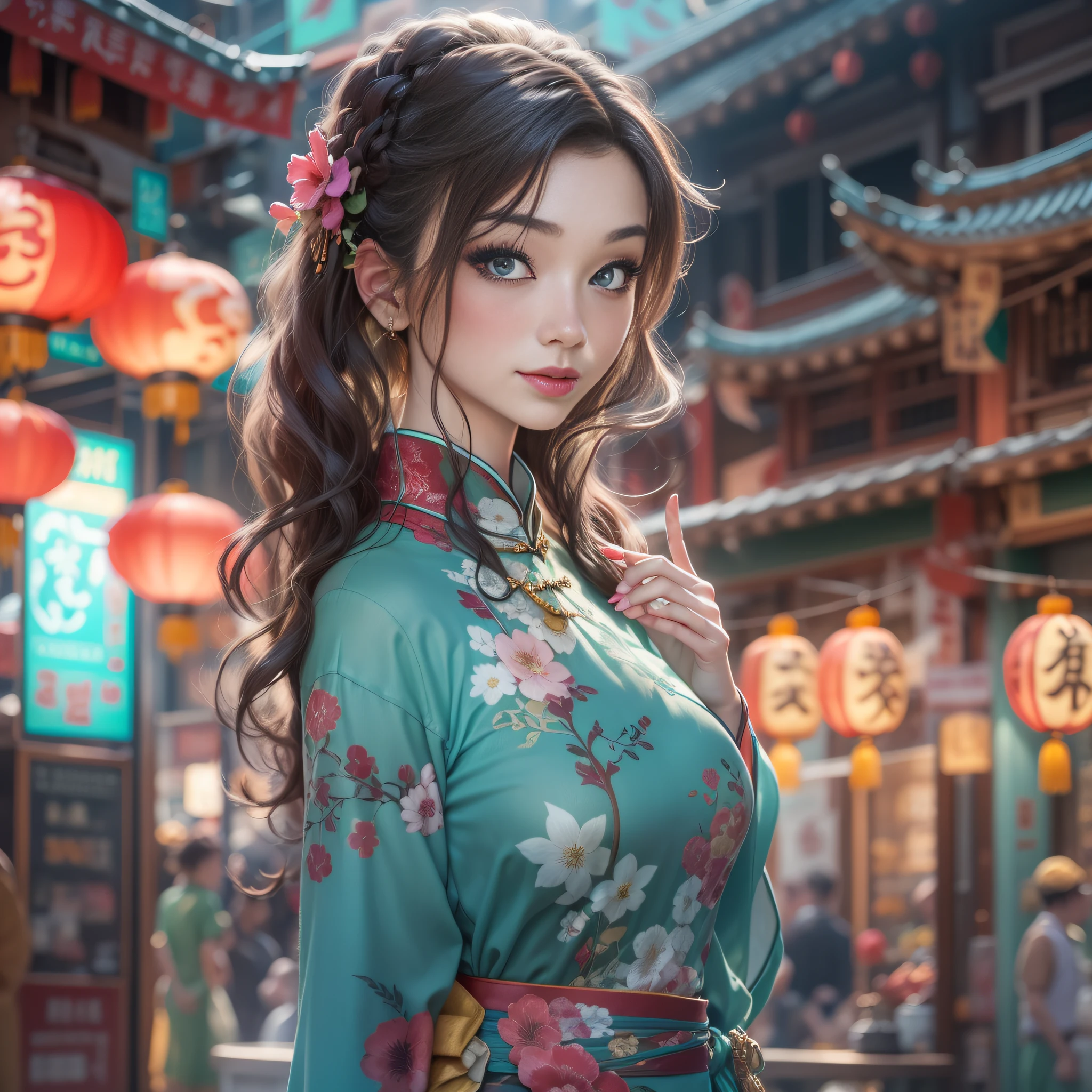 very beautiful woman. She is wearing a Chinese dress, the background is Chinatown, very long hair, aqua eyes, light smile, Art Deco, sparkle, first-person view, Sony FE GM, UHD, retina, masterpiece, ccurate, anatomically correct, textured skin, super detail, high details, high quality, award winning, best quality, highres, 1080P, HD, 4K, 8k, 16k