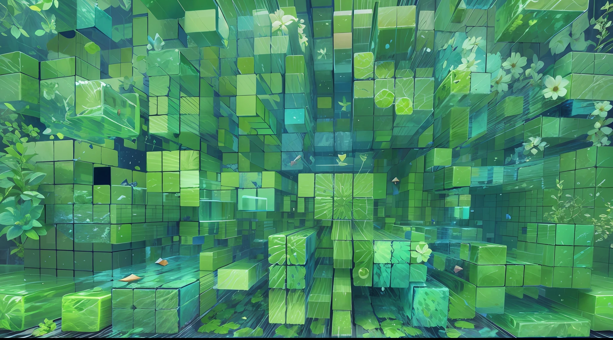 Color photo of blue and green cubes, glossy, sharp edges, smooth surfaces, reflecting light, arranged in a random pattern, contrasting with each other, creating a playful and dynamic environment