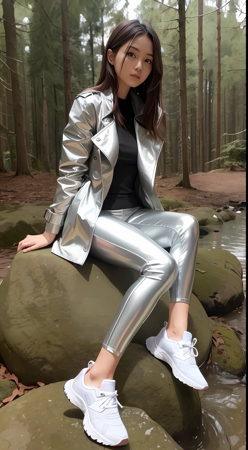 One wears a silver trench coat，Long-legged girl in silver leggings and sneakers sitting on a large rock in the forest，There is water around