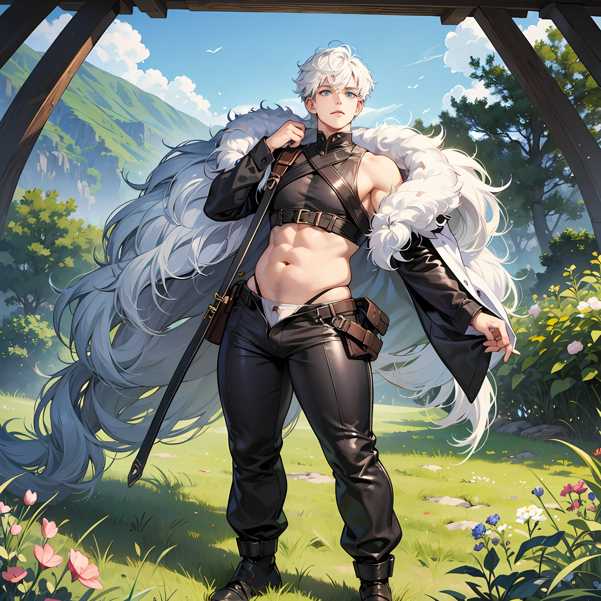 (masterpiece), best quality, expressive eyes, perfect face, 1 male, (fat), Full body, precise proportions, femboy, trap, bulge, flat chest, androgenous, chubby, large stomach, huge stomach, big belly, belly, white hair, curly hair, fluffy hair, hair bangs covering one side of the face, blue eyes, flat chested, thick thighs, standing, huge ass, wide hips, goblincore clothes and nature background. --auto