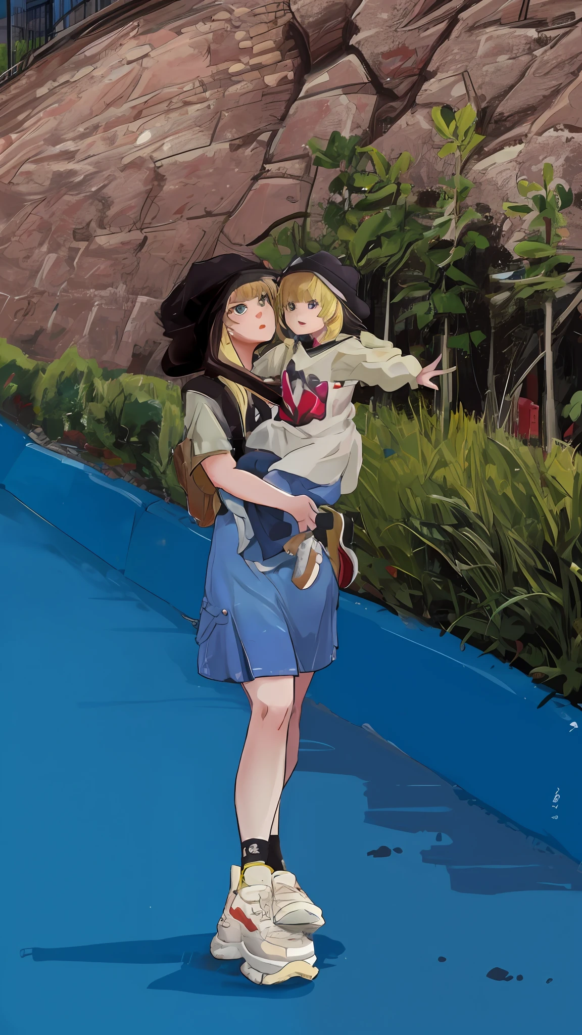 There was a woman with a girl in her arms, walking at the park, with a park in the back ground, she has a distant expression, tmasterpiece,top-quality,best qualityer,extremy detailed,rich colourful,highest details,s the perfect face,hdr