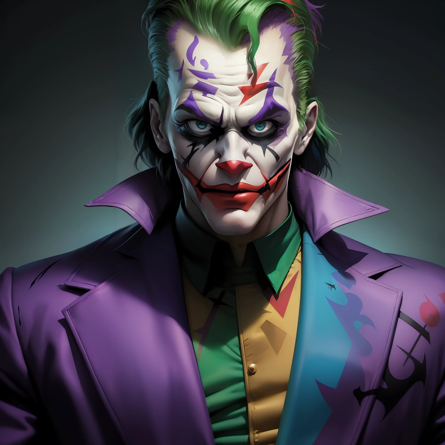 Retrato de Arnold Schwarzenegger ((((Joker da DC)))), detalhes intrincados, perfect features, Dramatic, Cinematic lighting, Highlight lighting, SSAA, smooth rendering, no noise --testp --ar 2:3 --video --no lazy prompts