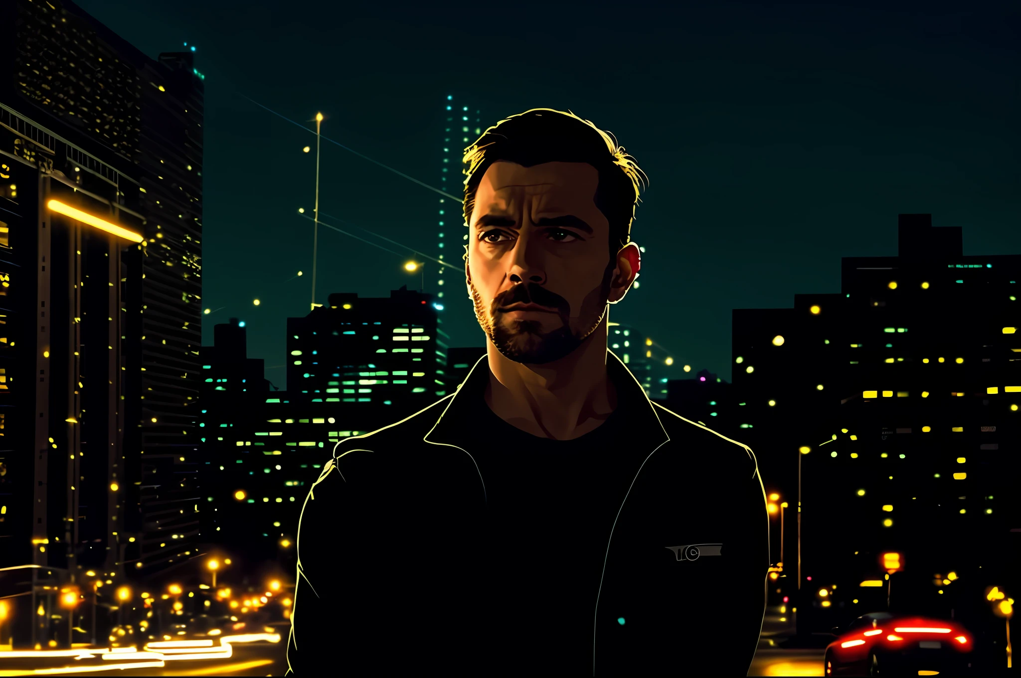 there is a man standing in front of a building with lights on it, portrait shot 8 k, cinematic lighting at night, award winning cinematic still, movie still 8 k, cinematic portrait, shot from cinematic, bokeh top cinematic lighting, cinematic shoot, cinematic full shot, with cinematic lighting, mid shot portrait, portrait soft low light, with glowing lights at night