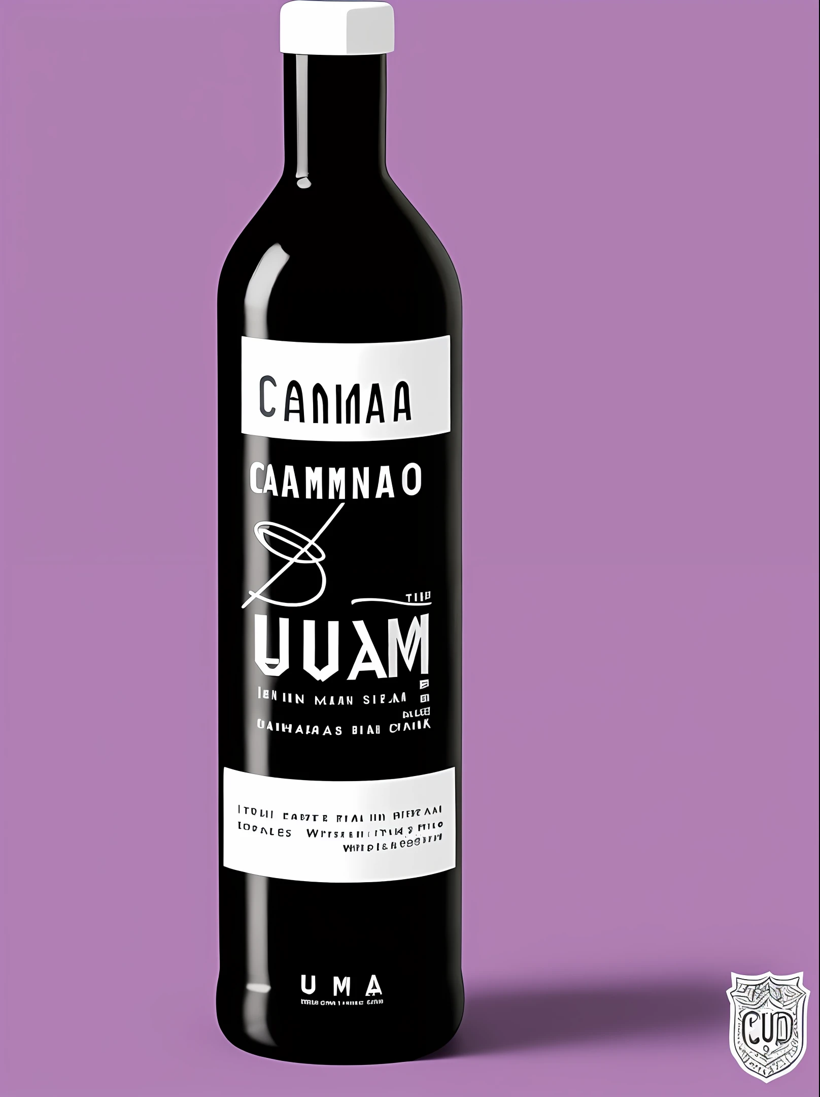 Crie uma logotipo para ser usada em uma camisa, the main idea is a bottle of whisk in the center and inside that bottle written the word CANACAO with line break, The background is black with details around purple that refer to drinks and parties