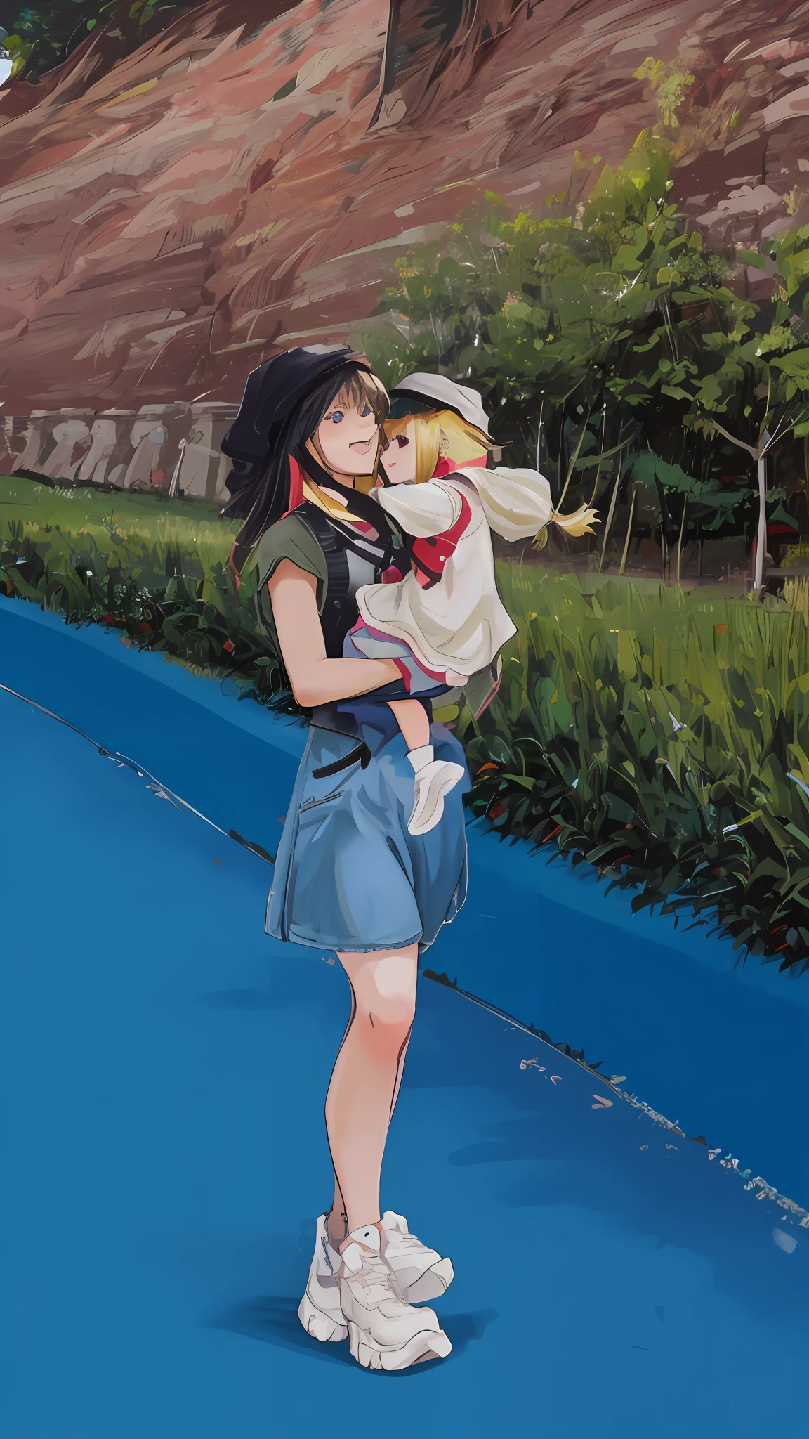 There was a woman with a little girl in her arms, walking at the park,  with a park in the back ground, she has a distant expression, tmasterpiece，top-quality，best qualityer，extremy detailed，rich colourful，highest details，s the perfect face，hdr