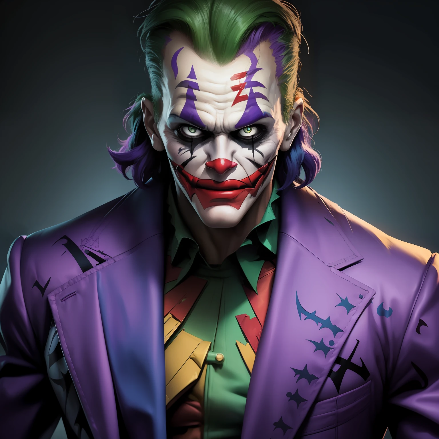 Retrato de Arnold Schwarzenegger ((((Joker da DC)))), detalhes intrincados, perfect features, Dramatic, Cinematic lighting, Highlight lighting, SSAA, smooth rendering, no noise --testp --ar 2:3 --video --no lazy prompts